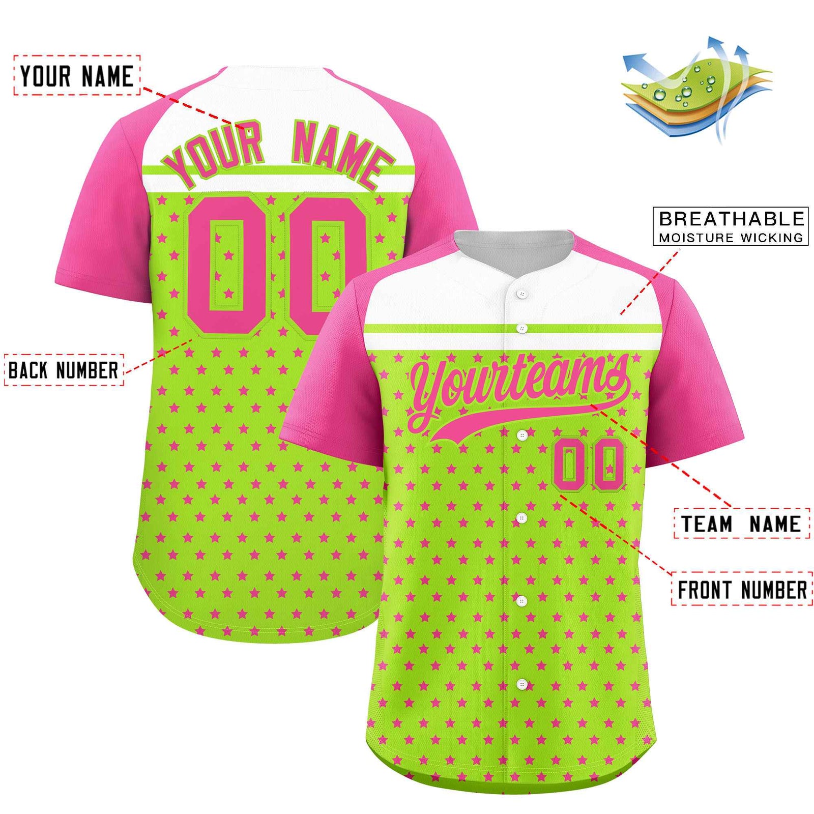 Custom Neon Green Pink-White Raglan Sleeve Personalized Star Print Authentic Baseball Jersey