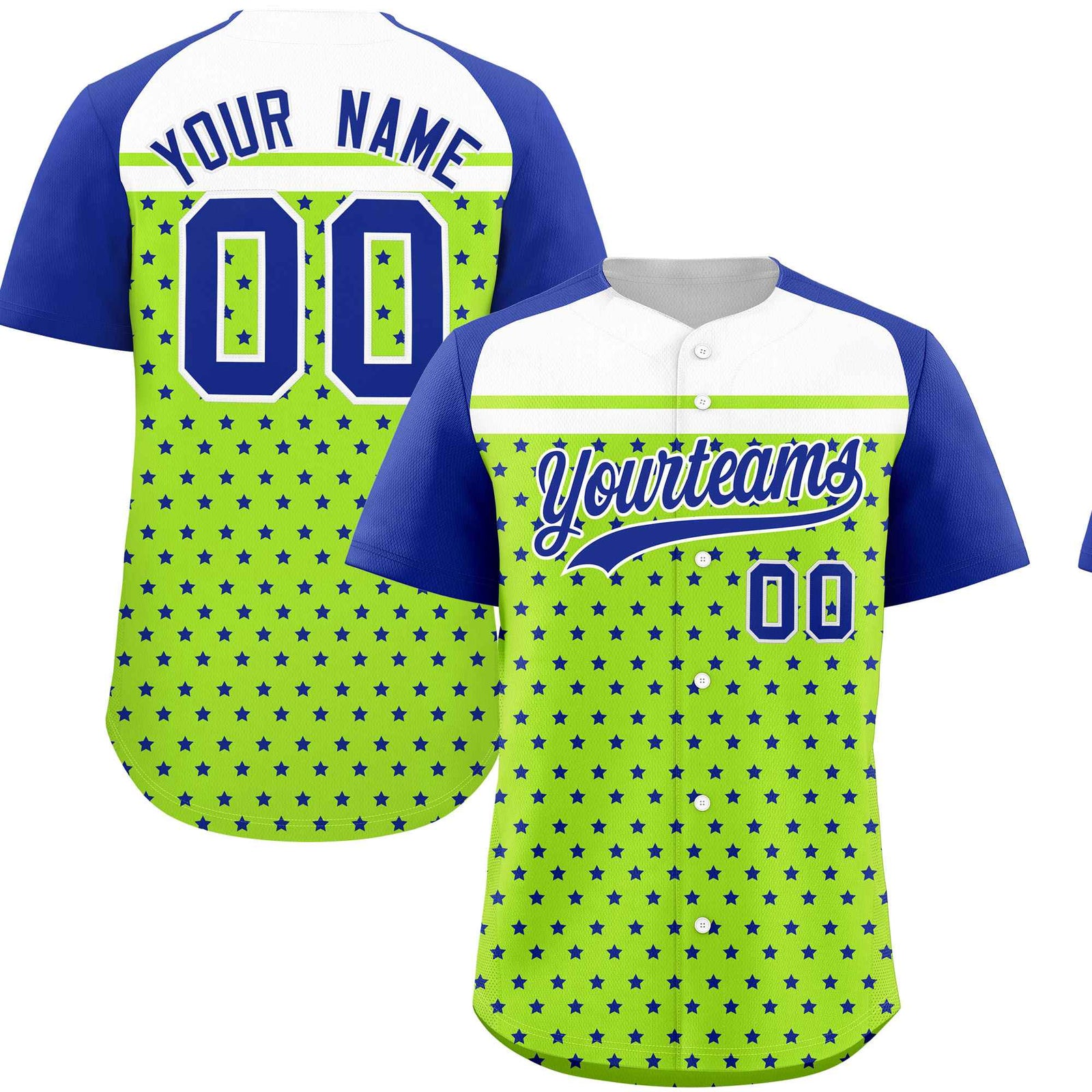 Custom Neon Green Royal-White Raglan Sleeve Personalized Star Print Authentic Baseball Jersey