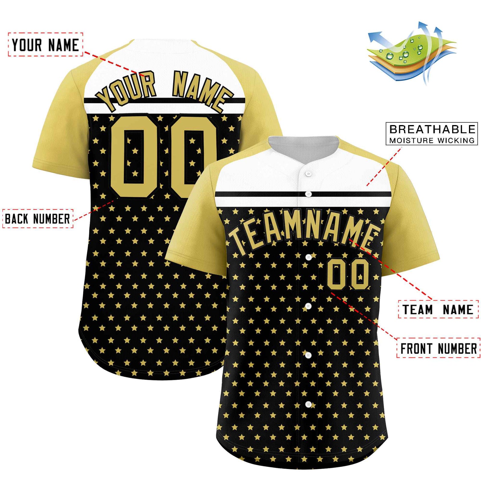 Custom Black Old Gold-White Raglan Sleeve Personalized Star Print Authentic Baseball Jersey