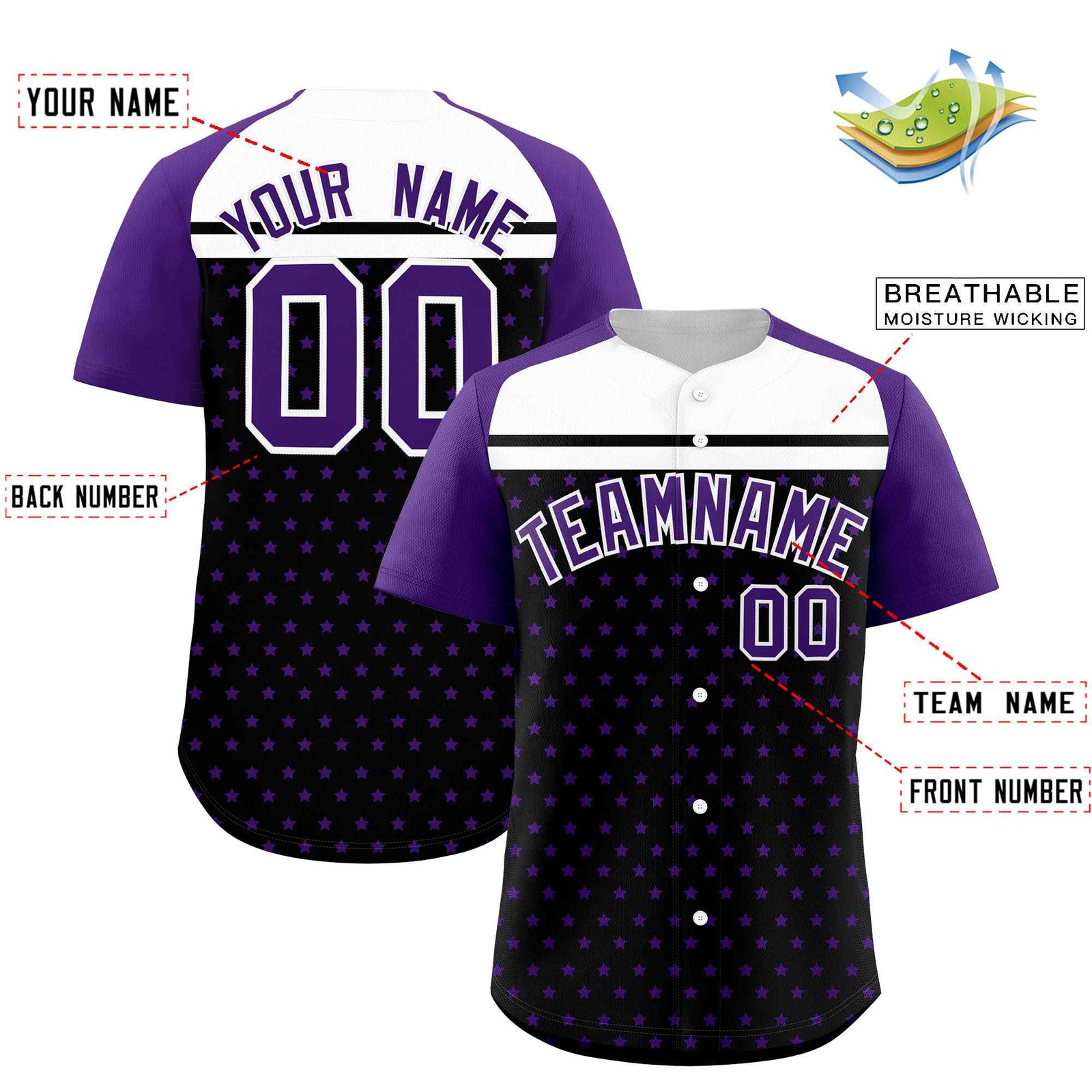 Custom Black Purple-White Raglan Sleeve Personalized Star Print Authentic Baseball Jersey