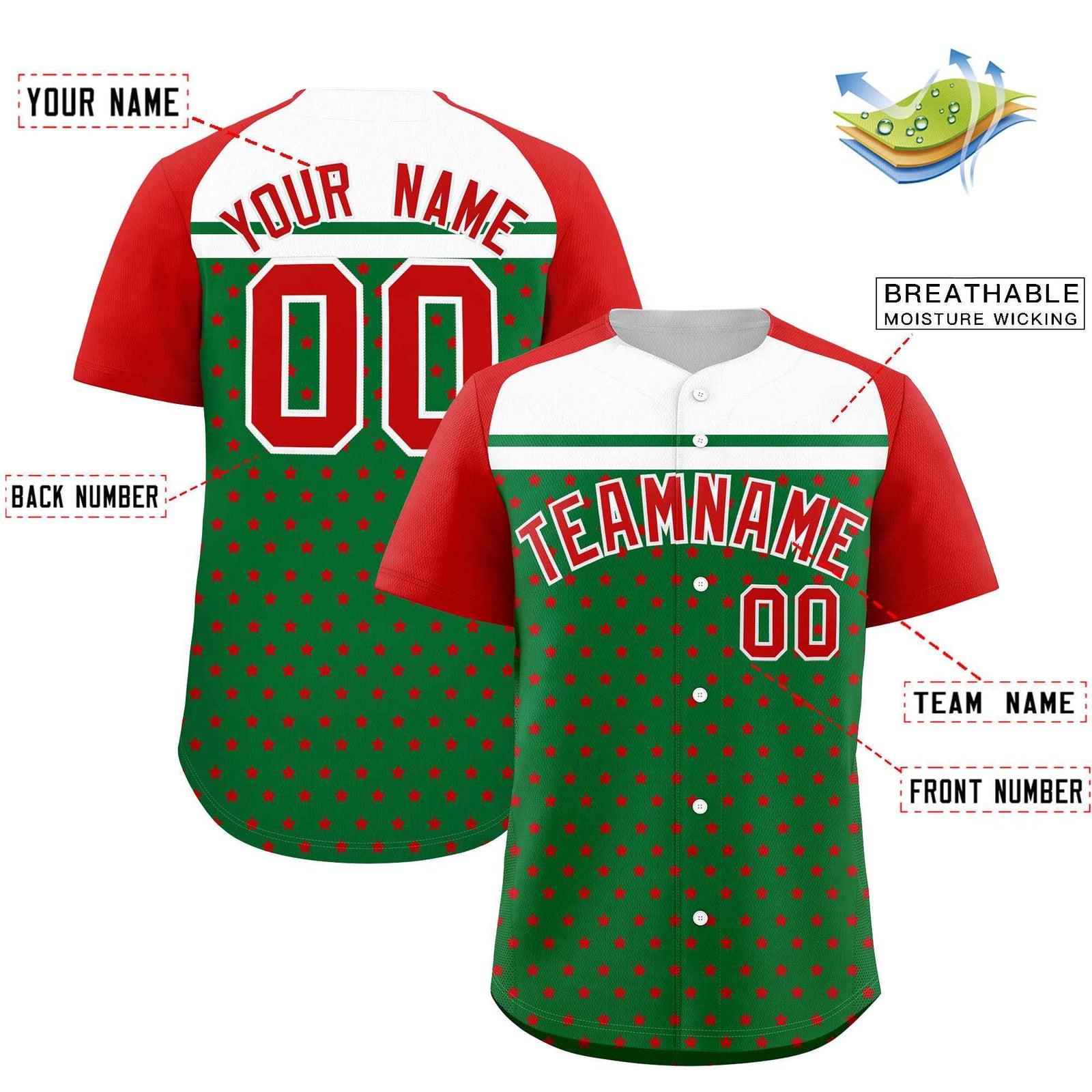 Custom Kelly Green Red-White Raglan Sleeve Personalized Star Print Authentic Baseball Jersey
