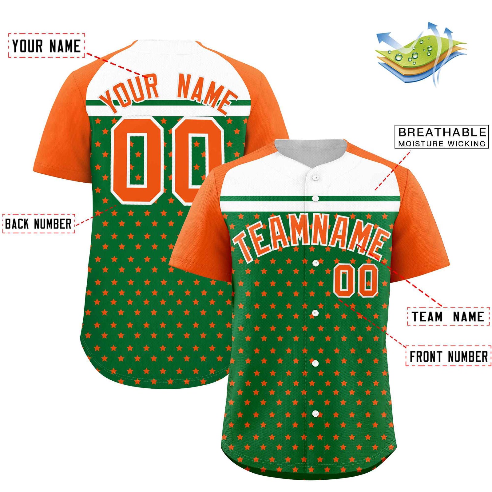 Custom Kelly Green Orange-White Raglan Sleeve Personalized Star Print Authentic Baseball Jersey