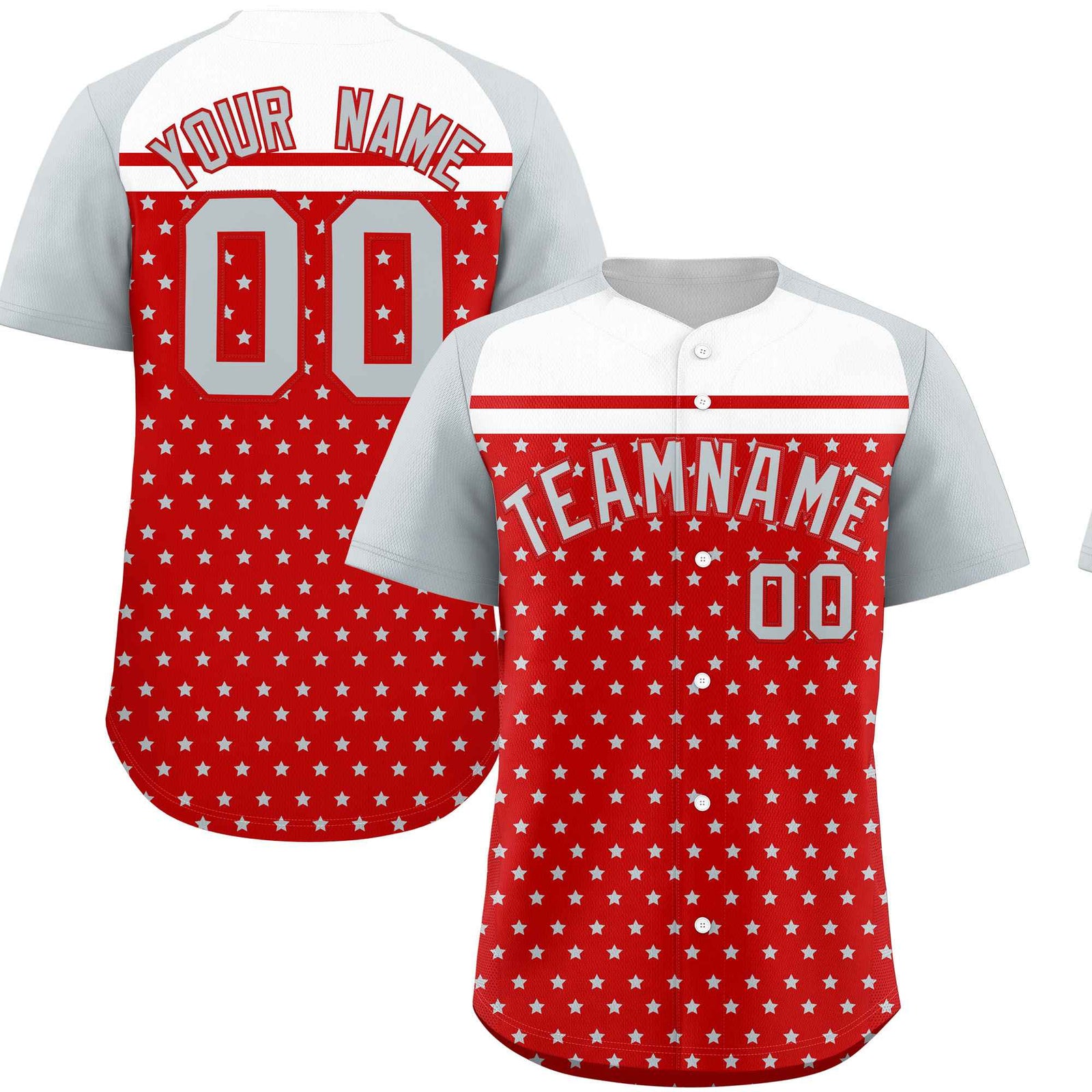 Custom Red Silver-White Raglan Sleeve Personalized Star Print Authentic Baseball Jersey