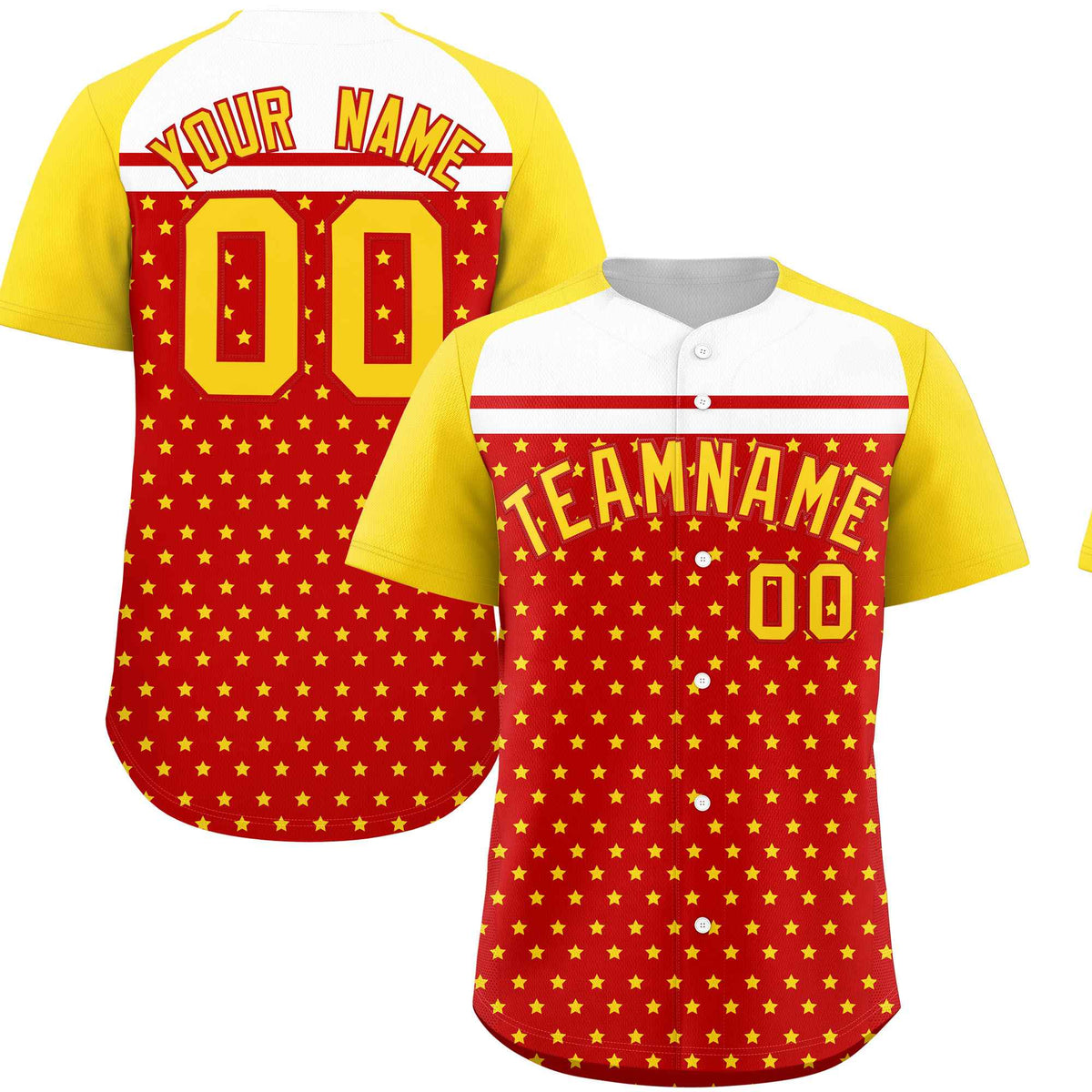Custom Red Gold-White Raglan Sleeve Personalized Star Print Authentic Baseball Jersey