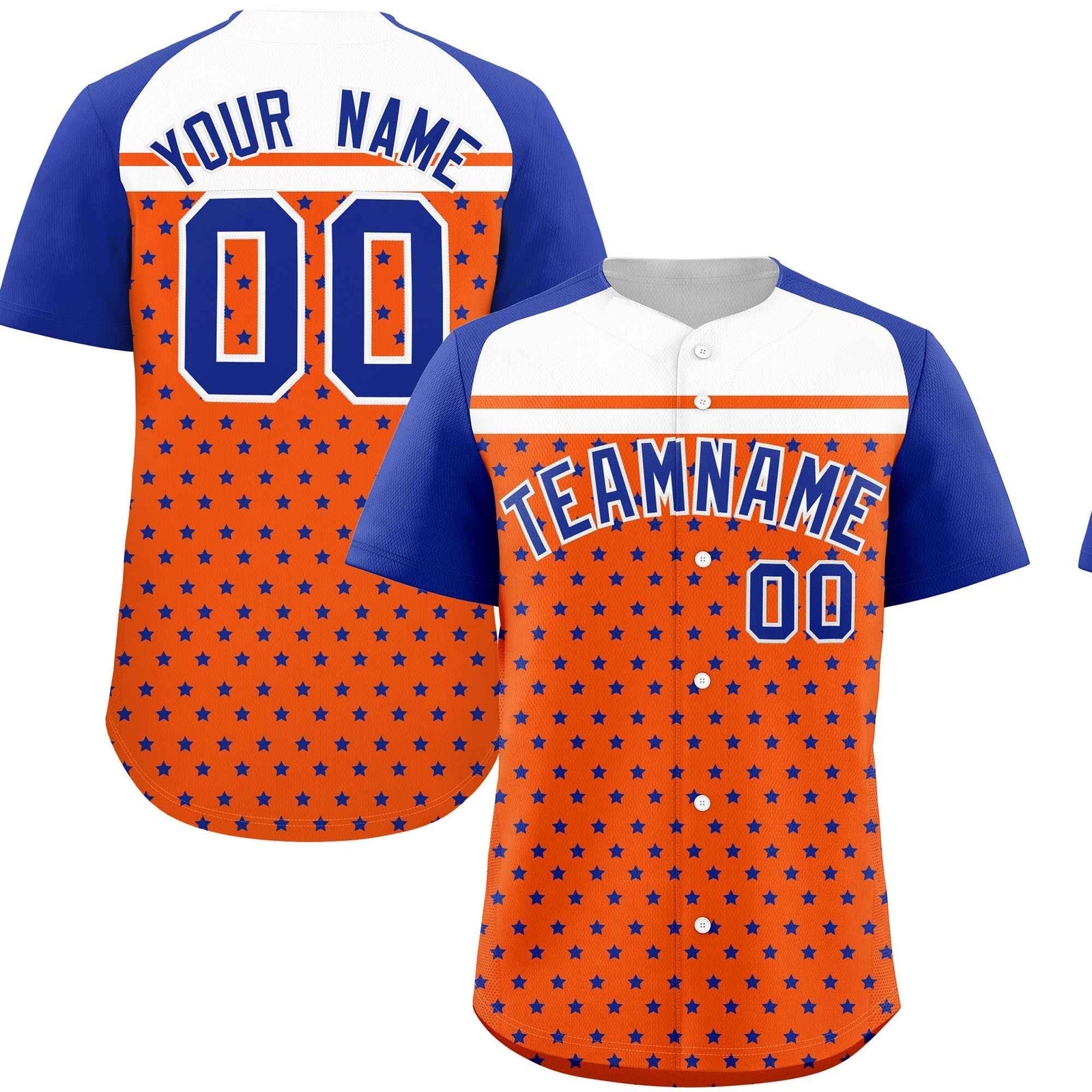 Custom Orange Royal-White Raglan Sleeve Personalized Star Print Authentic Baseball Jersey