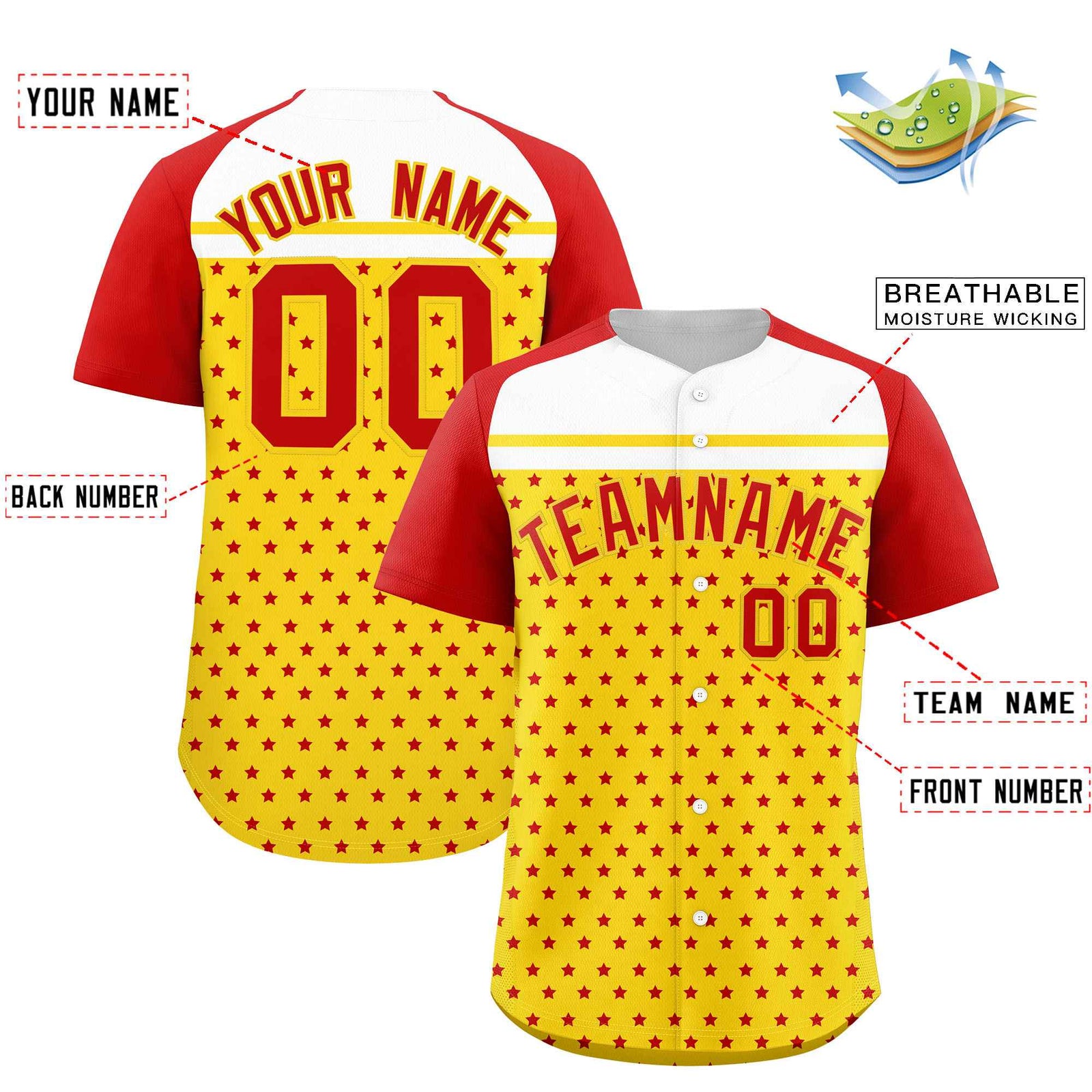 Custom Gold Red-White Raglan Sleeve Personalized Star Print Authentic Baseball Jersey