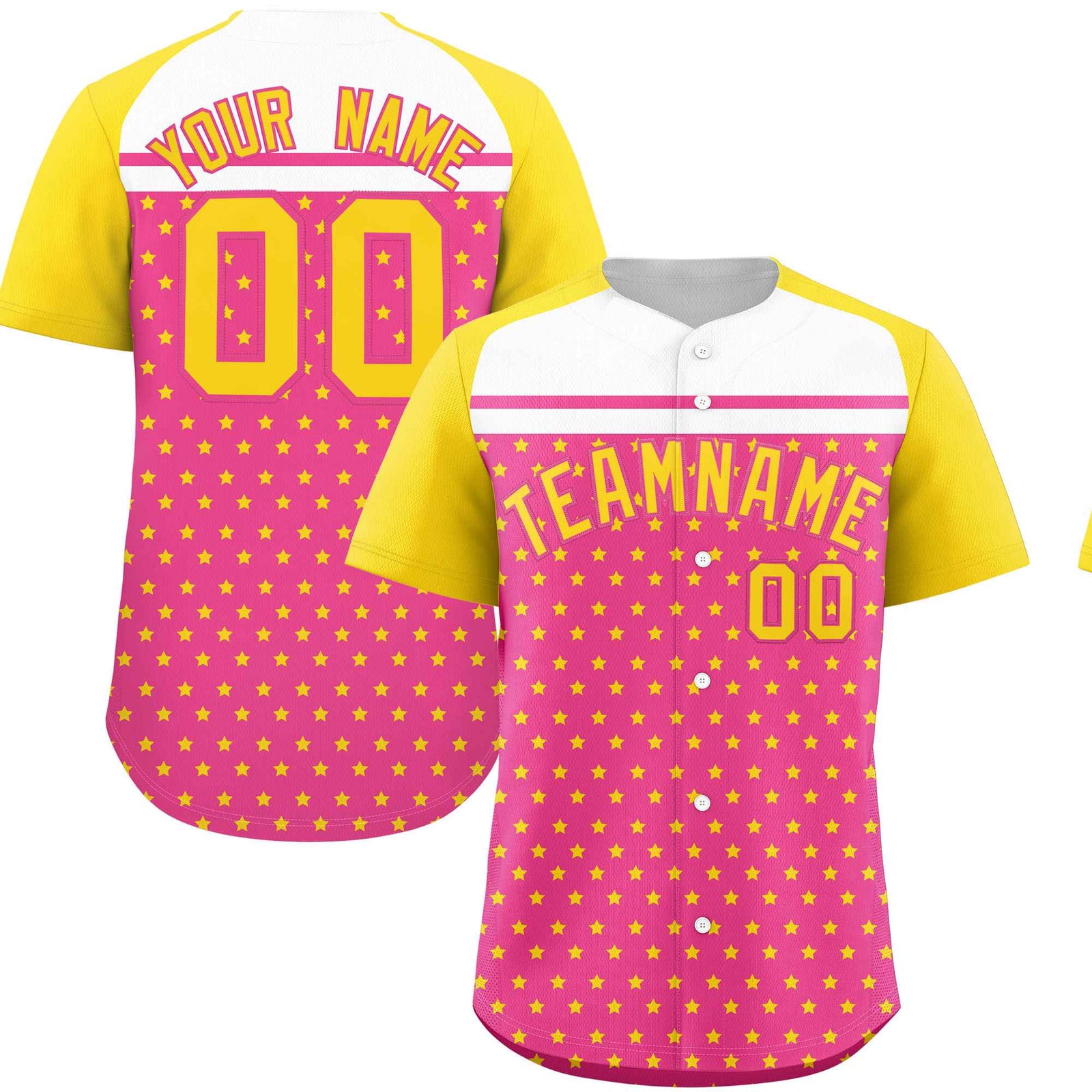 Custom Pink Gold-White Raglan Sleeve Personalized Star Print Authentic Baseball Jersey