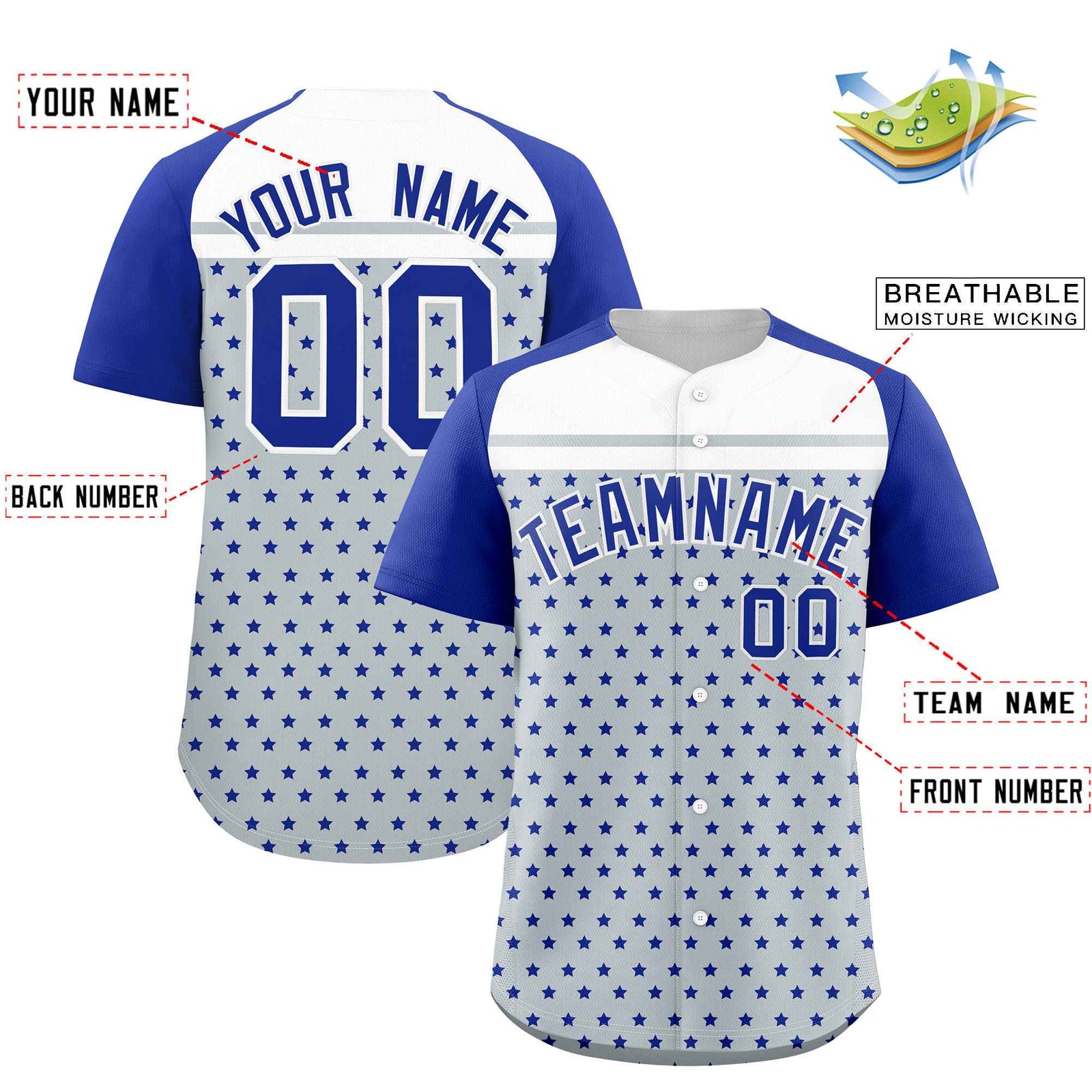 Custom Silver Royal-White Raglan Sleeve Personalized Star Print Authentic Baseball Jersey