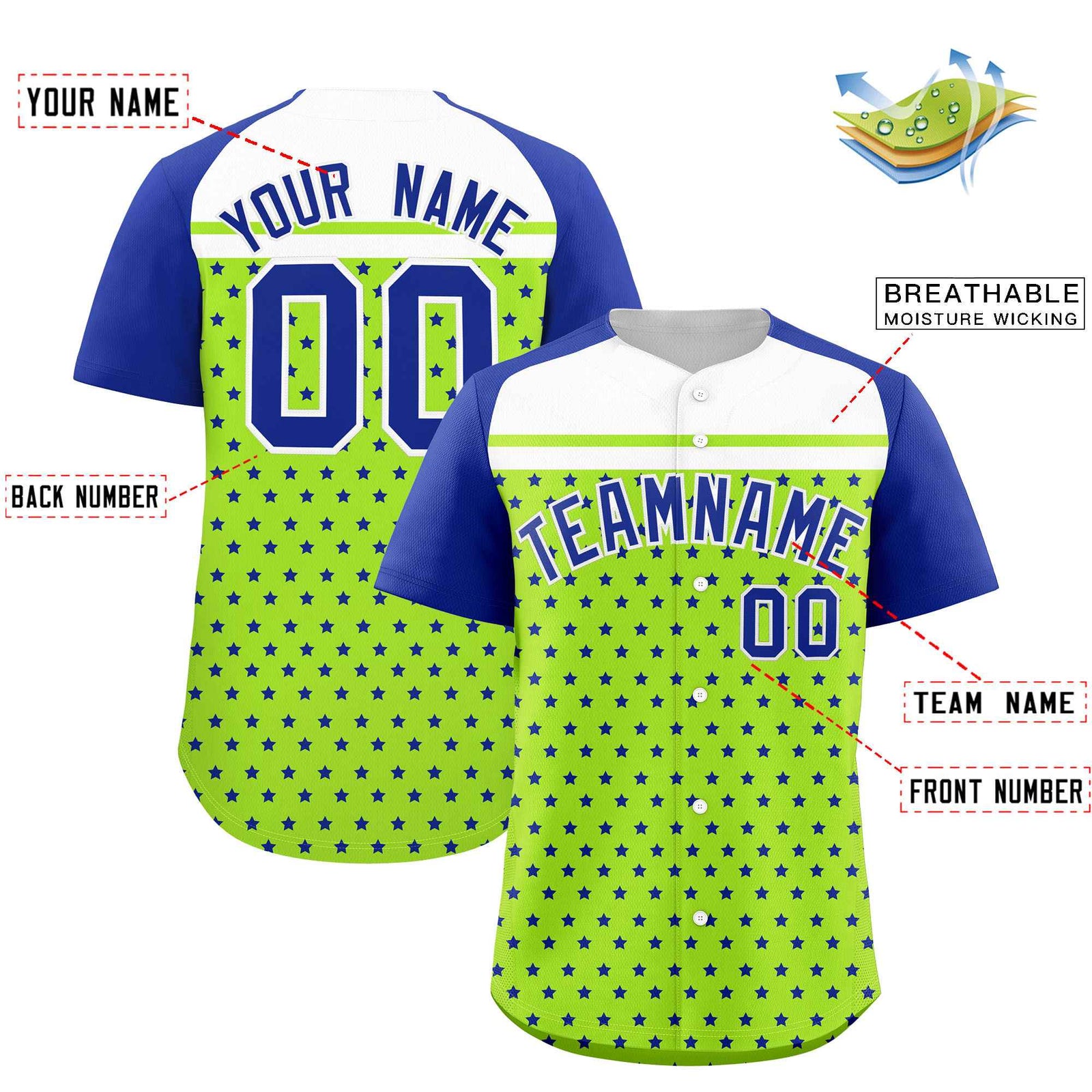 Custom Neon Green Royal-White Raglan Sleeve Personalized Star Print Authentic Baseball Jersey