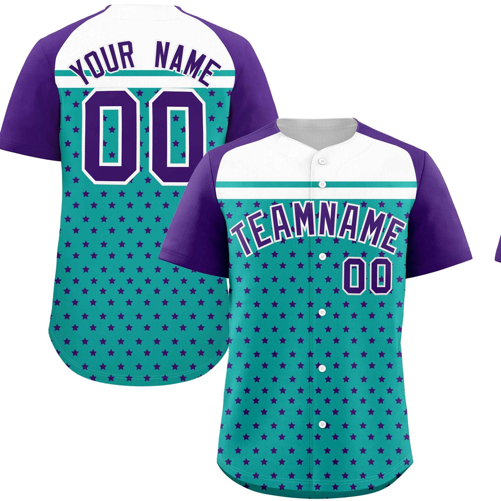 Custom Aqua Purple-White Raglan Sleeve Personalized Star Print Authentic Baseball Jersey