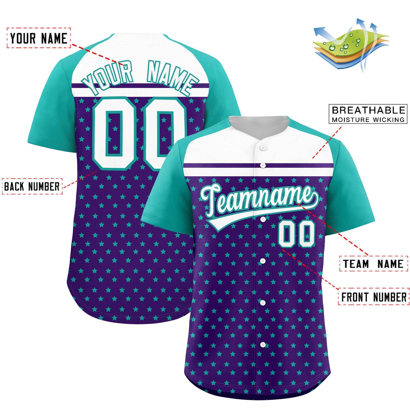 Custom Purple Aqua-White Raglan Sleeve Personalized Star Print Authentic Baseball Jersey