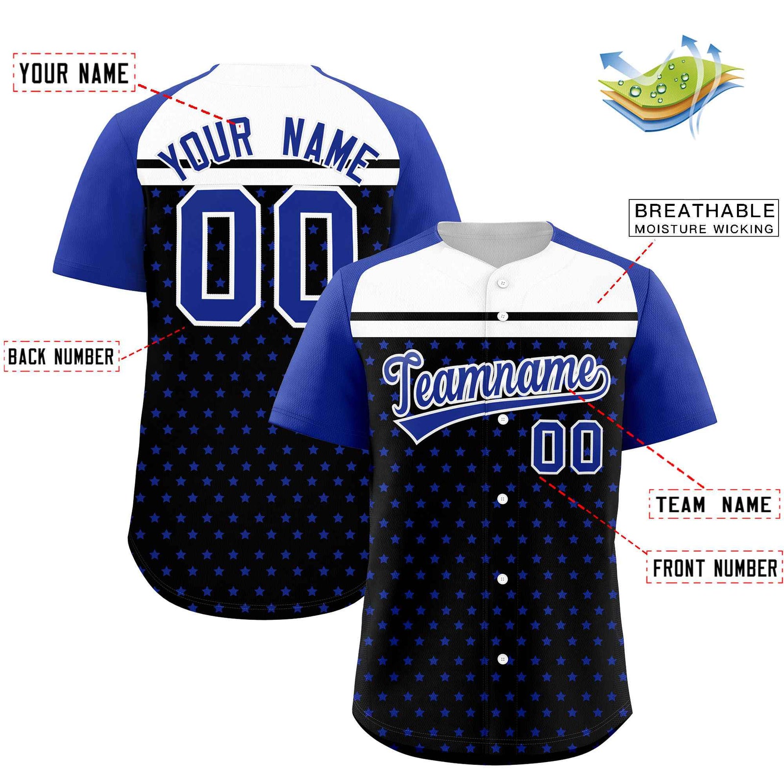 Custom Black Royal-White Raglan Sleeve Personalized Star Print Authentic Baseball Jersey