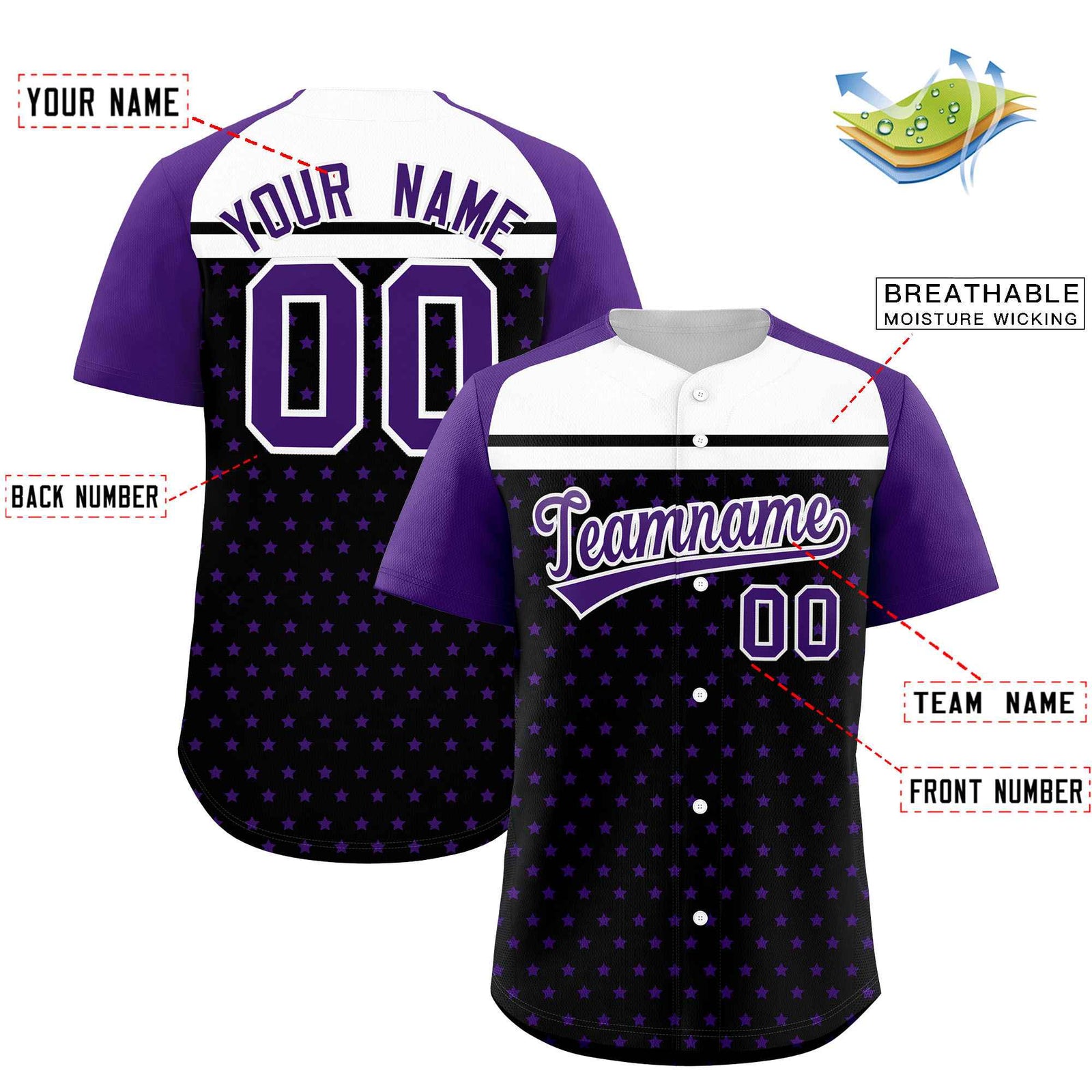 Custom Black Purple-White Raglan Sleeve Personalized Star Print Authentic Baseball Jersey