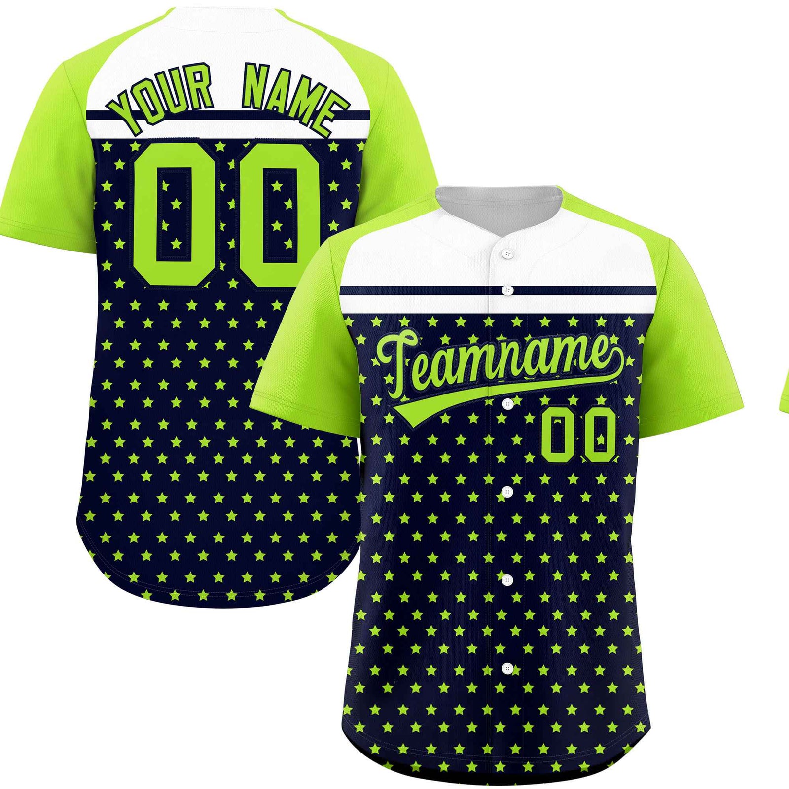 Custom Navy Neon Green-White Raglan Sleeve Personalized Star Print Authentic Baseball Jersey