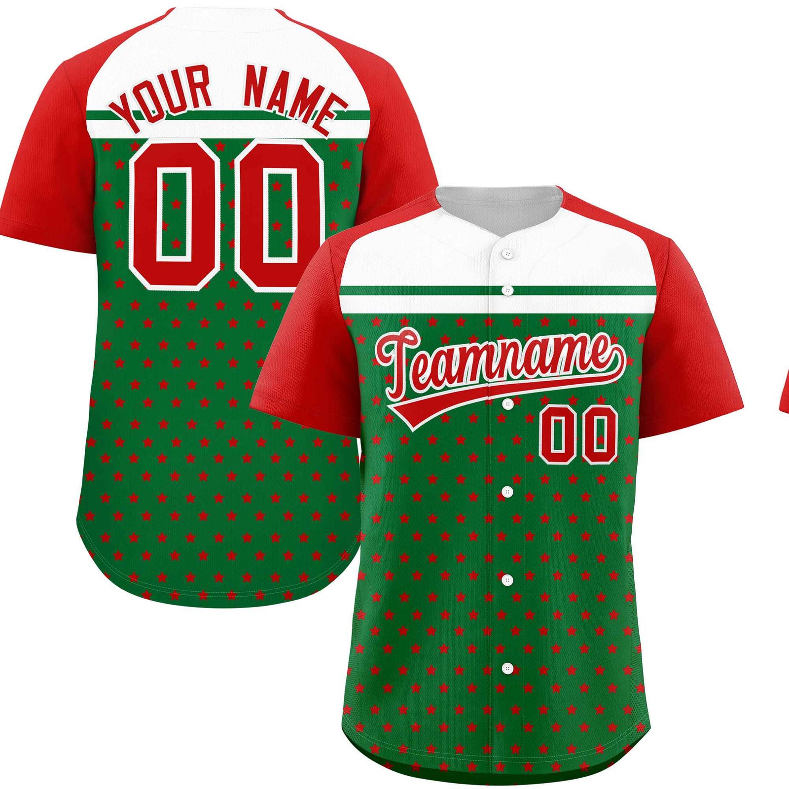 Custom Kelly Green Red-White Raglan Sleeve Personalized Star Print Authentic Baseball Jersey