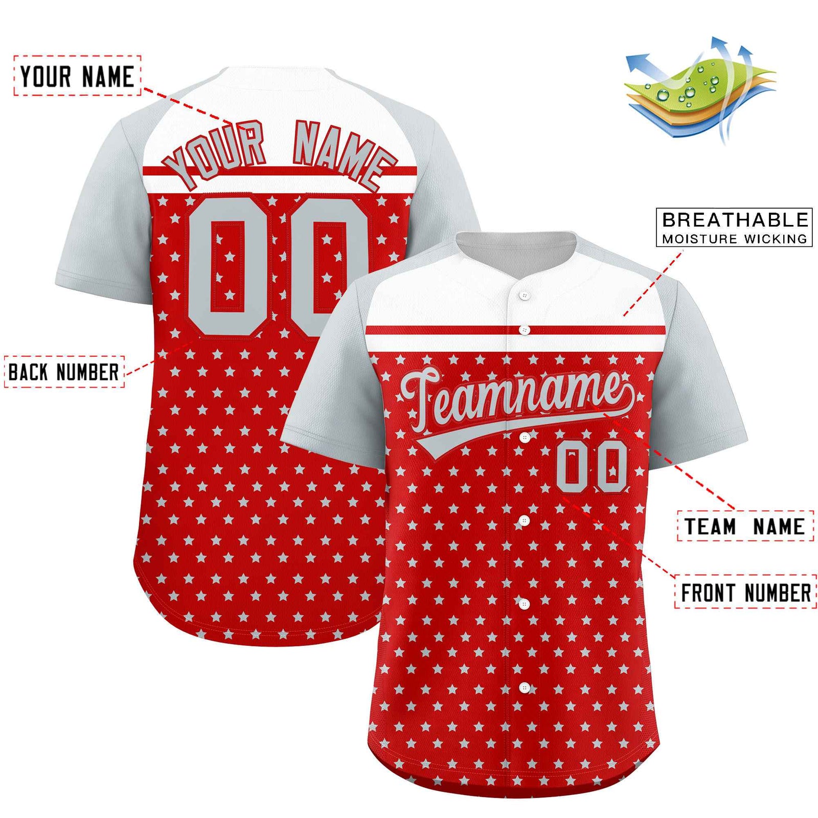 Custom Red Silver-White Raglan Sleeve Personalized Star Print Authentic Baseball Jersey
