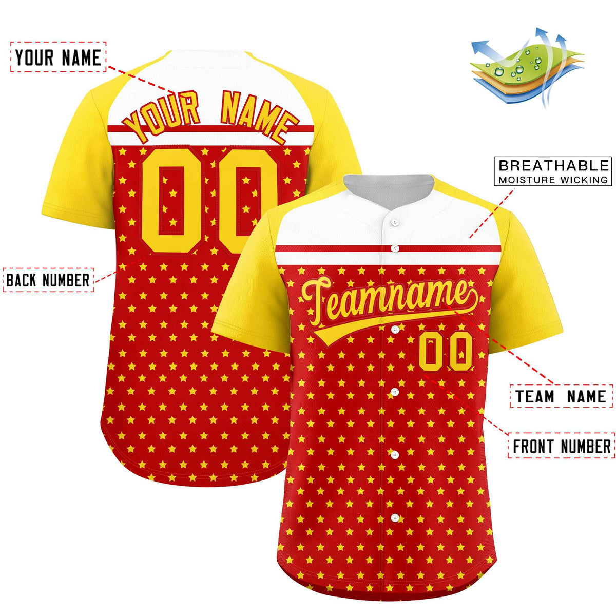 Custom Red Gold-White Raglan Sleeve Personalized Star Print Authentic Baseball Jersey