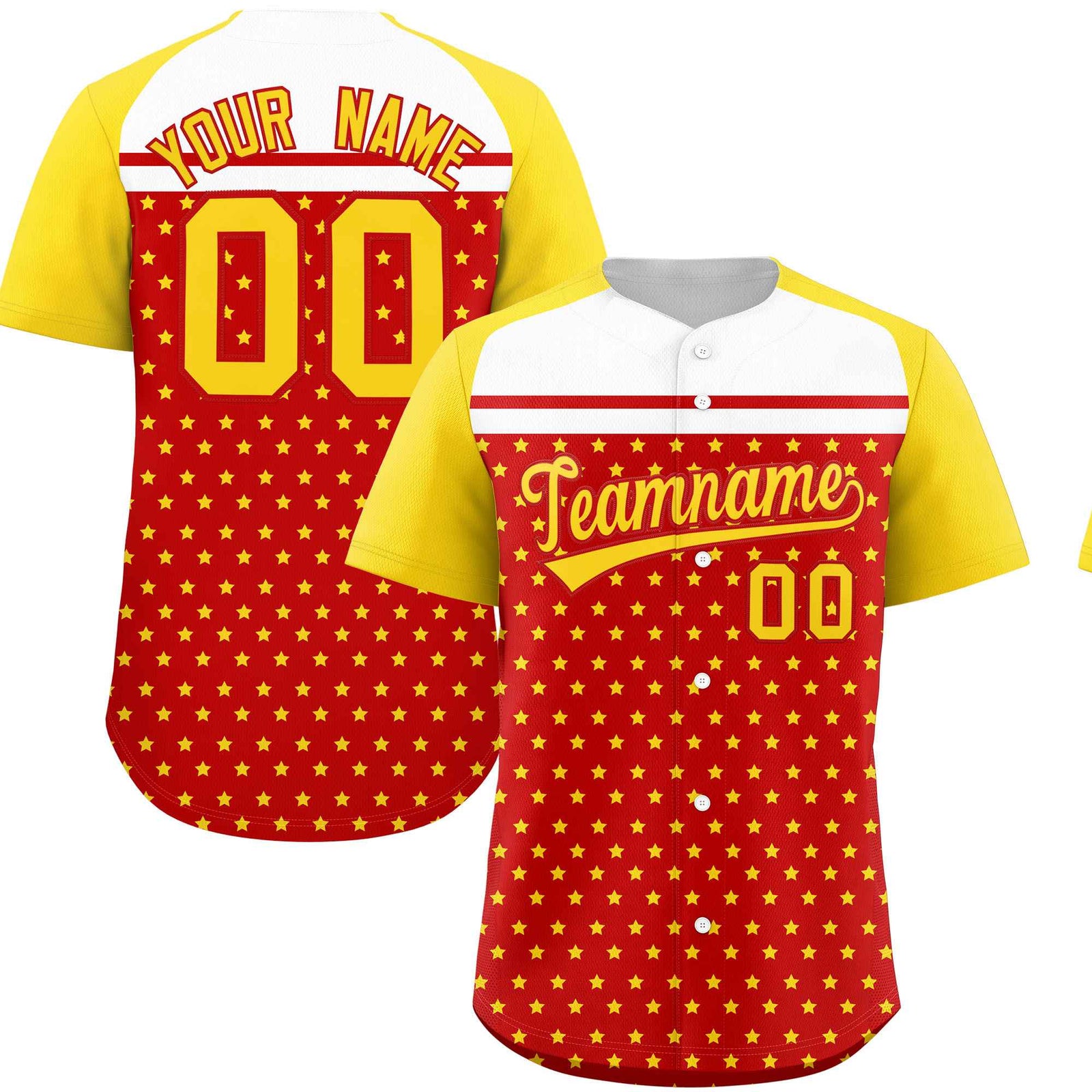 Custom Red Gold-White Raglan Sleeve Personalized Star Print Authentic Baseball Jersey