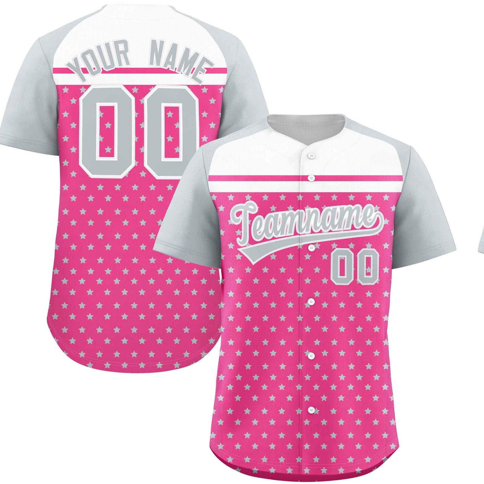 Custom Pink Silver-White Raglan Sleeve Personalized Star Print Authentic Baseball Jersey