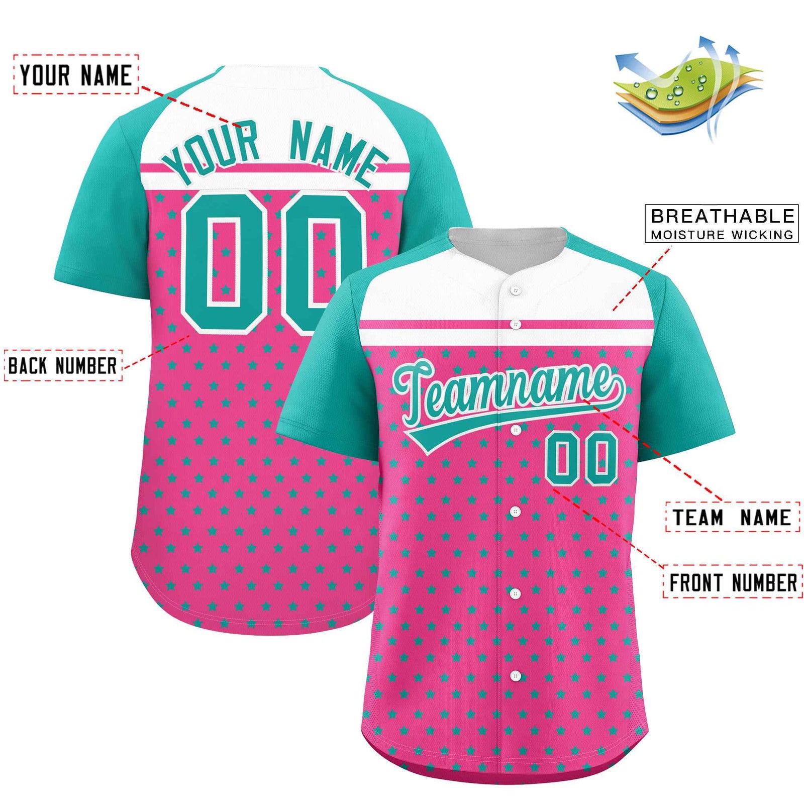 Custom Pink Aqua-White Raglan Sleeve Personalized Star Print Authentic Baseball Jersey