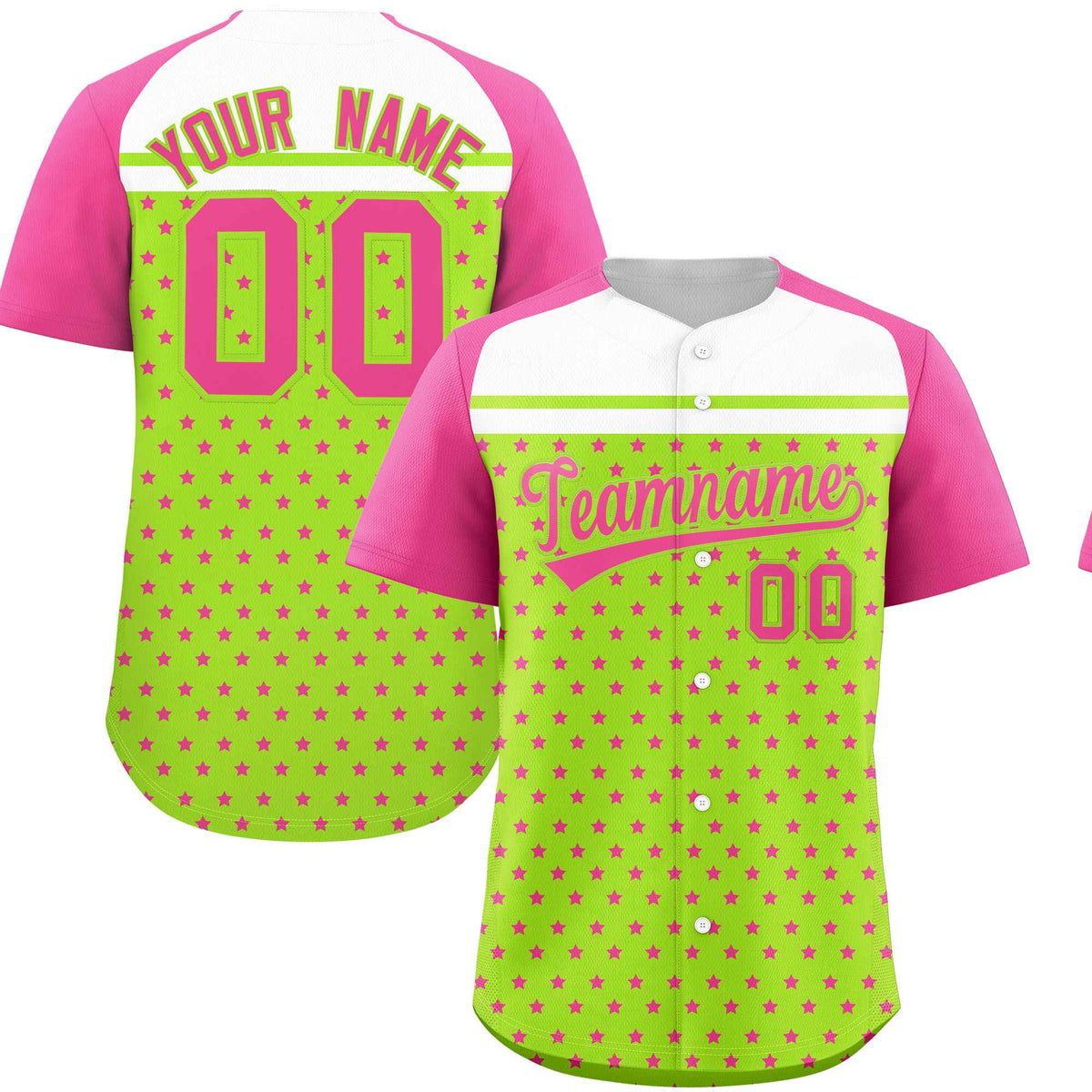 Custom Neon Green Pink-White Raglan Sleeve Personalized Star Print Authentic Baseball Jersey