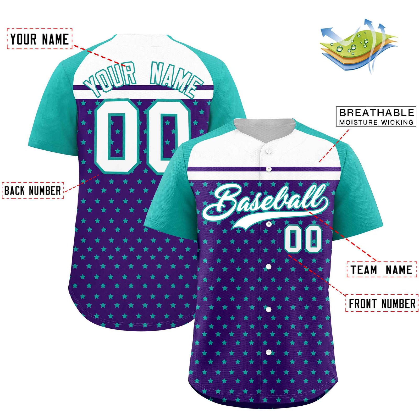 Custom Purple Aqua-White Raglan Sleeve Personalized Star Print Authentic Baseball Jersey