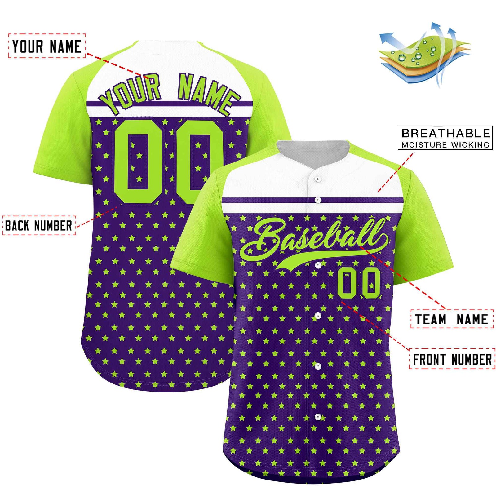 Custom Purple Neon Green-White Raglan Sleeve Personalized Star Print Authentic Baseball Jersey