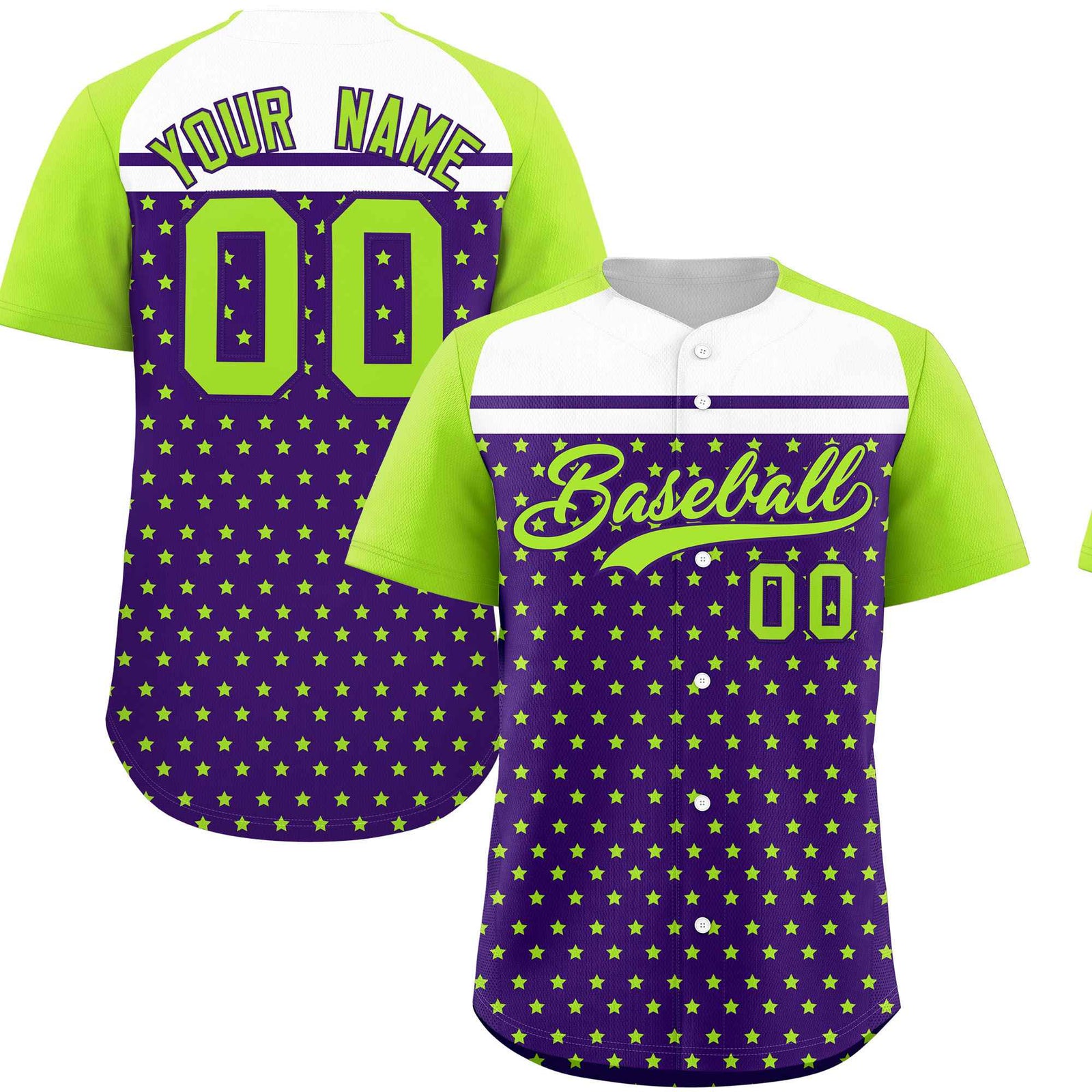 Custom Purple Neon Green-White Raglan Sleeve Personalized Star Print Authentic Baseball Jersey