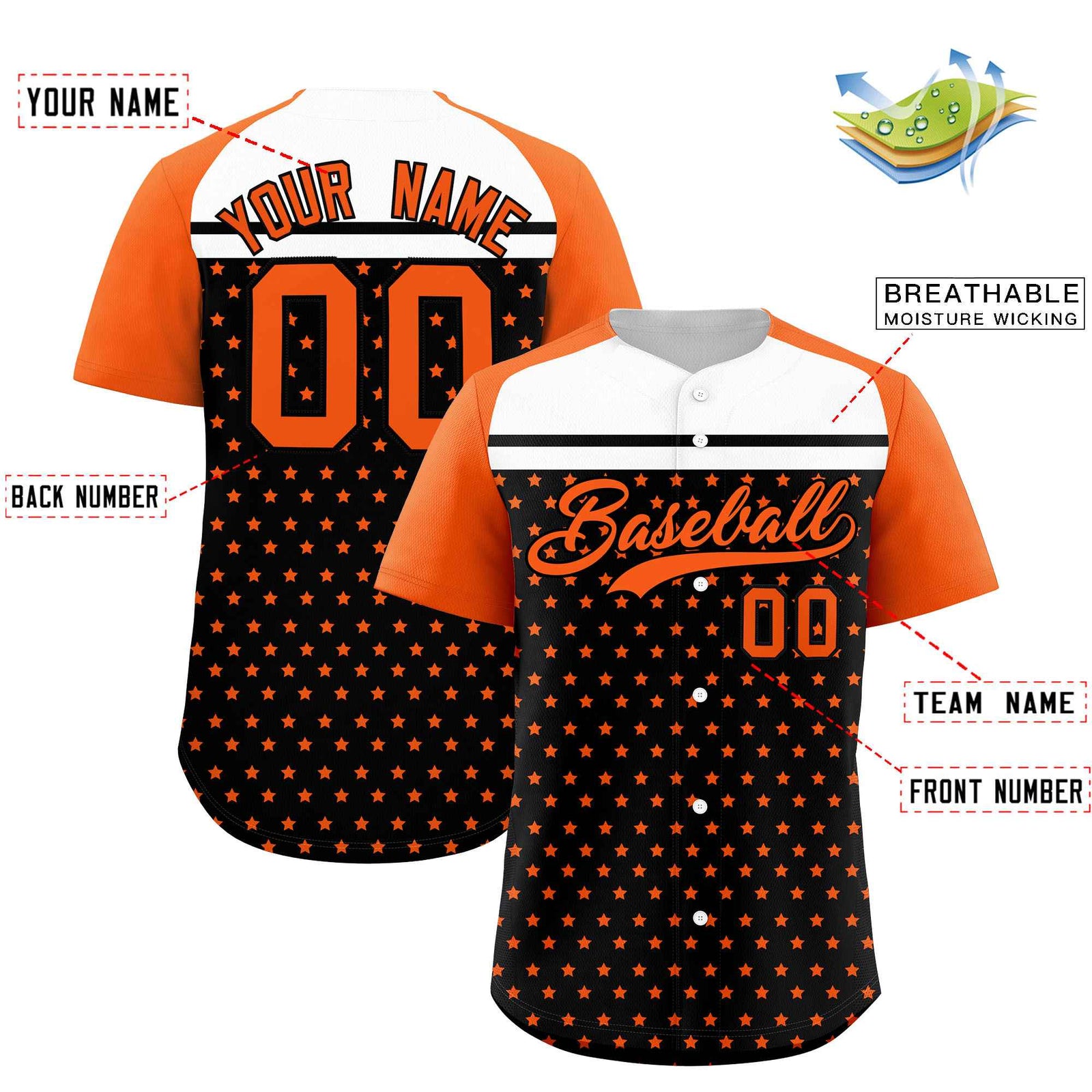 Custom Black Orange-White Raglan Sleeve Personalized Star Print Authentic Baseball Jersey