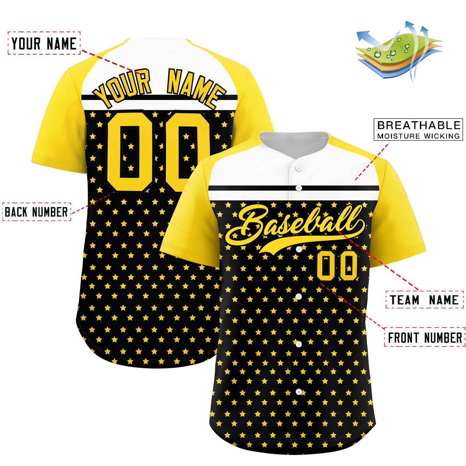 Custom Black Gold-White Raglan Sleeve Personalized Star Print Authentic Baseball Jersey