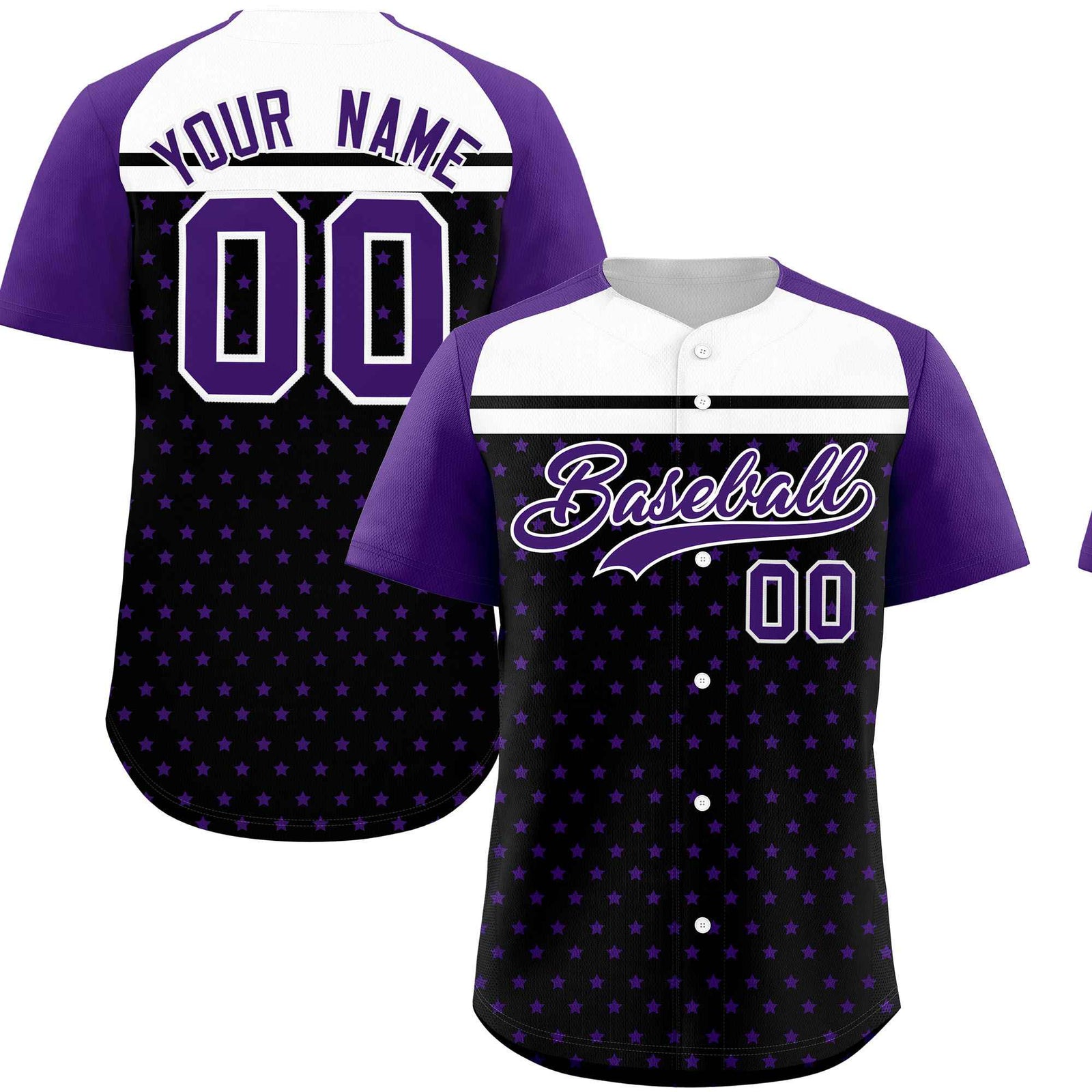 Custom Black Purple-White Raglan Sleeve Personalized Star Print Authentic Baseball Jersey