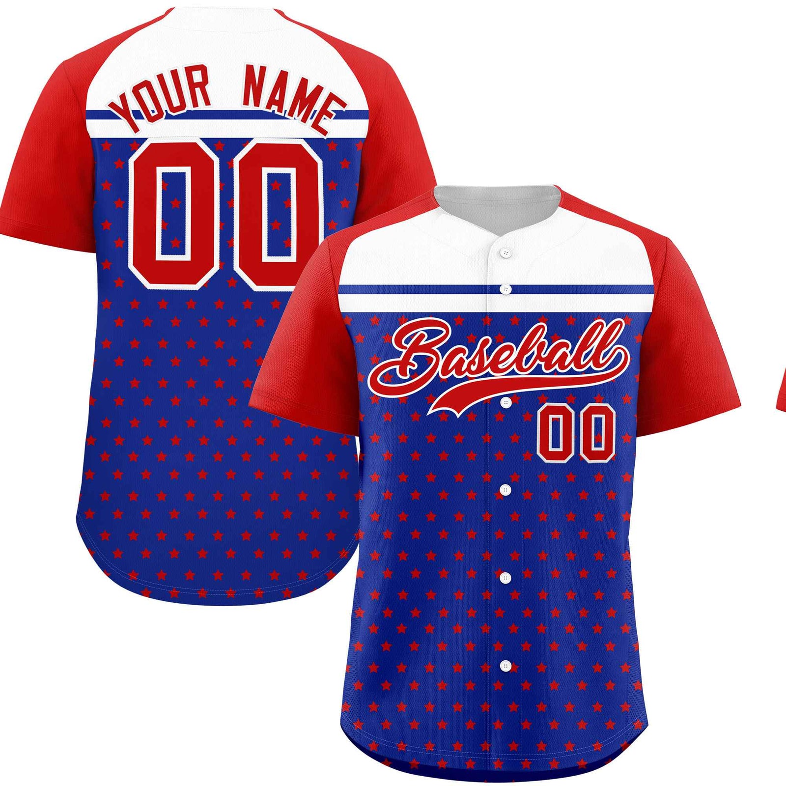 Custom Royal Red-White Raglan Sleeve Personalized Star Print Authentic Baseball Jersey