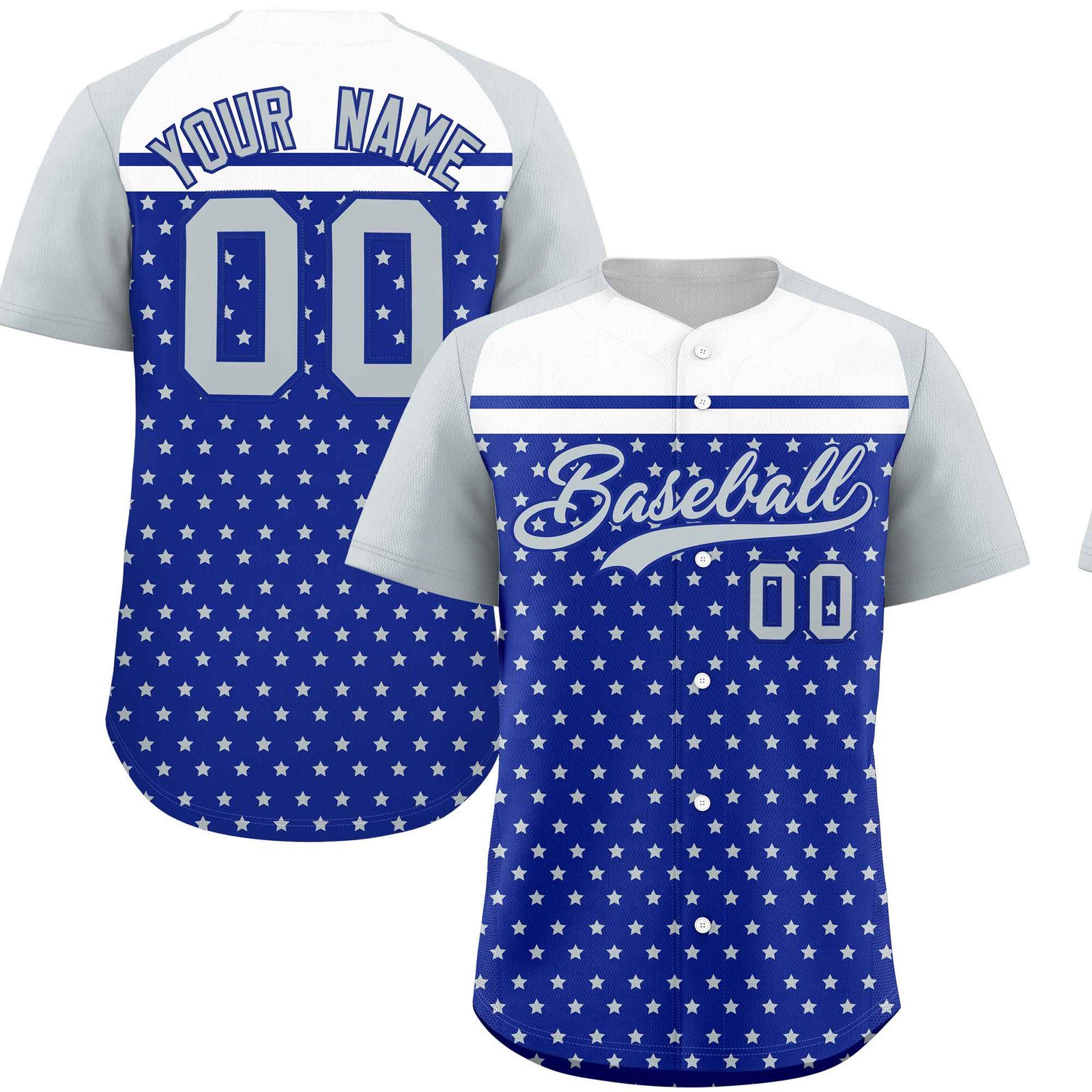 Custom Royal Silver-White Raglan Sleeve Personalized Star Print Authentic Baseball Jersey
