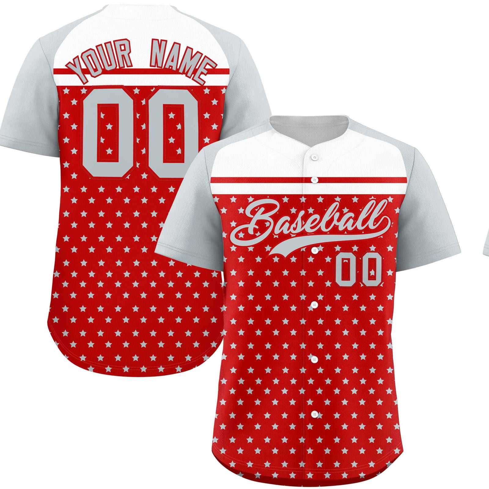 Custom Red Silver-White Raglan Sleeve Personalized Star Print Authentic Baseball Jersey
