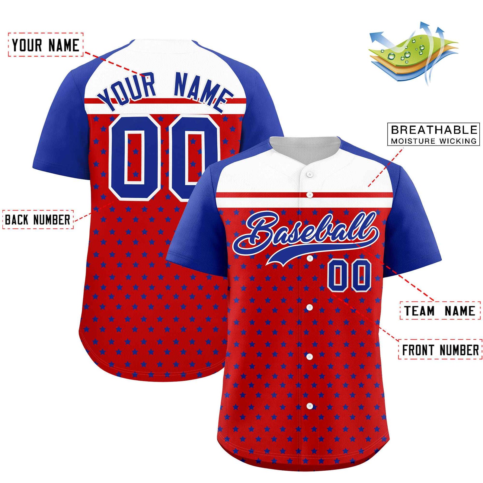 Custom Red Royal-White Raglan Sleeve Personalized Star Print Authentic Baseball Jersey