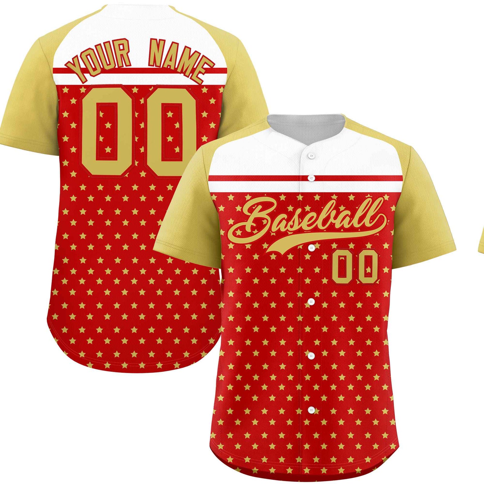 Custom Red Old Gold-White Raglan Sleeve Personalized Star Print Authentic Baseball Jersey