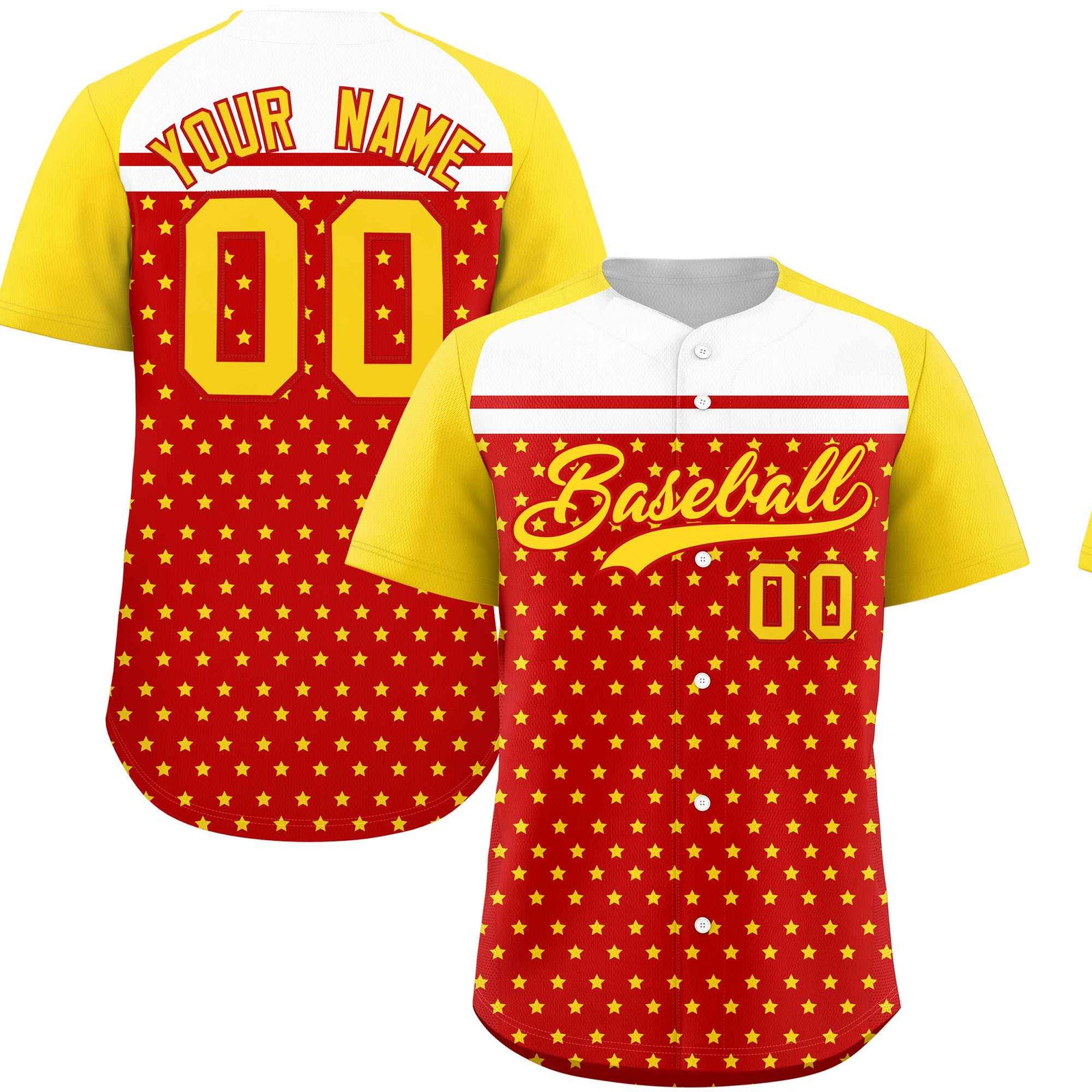 Custom Red Gold-White Raglan Sleeve Personalized Star Print Authentic Baseball Jersey