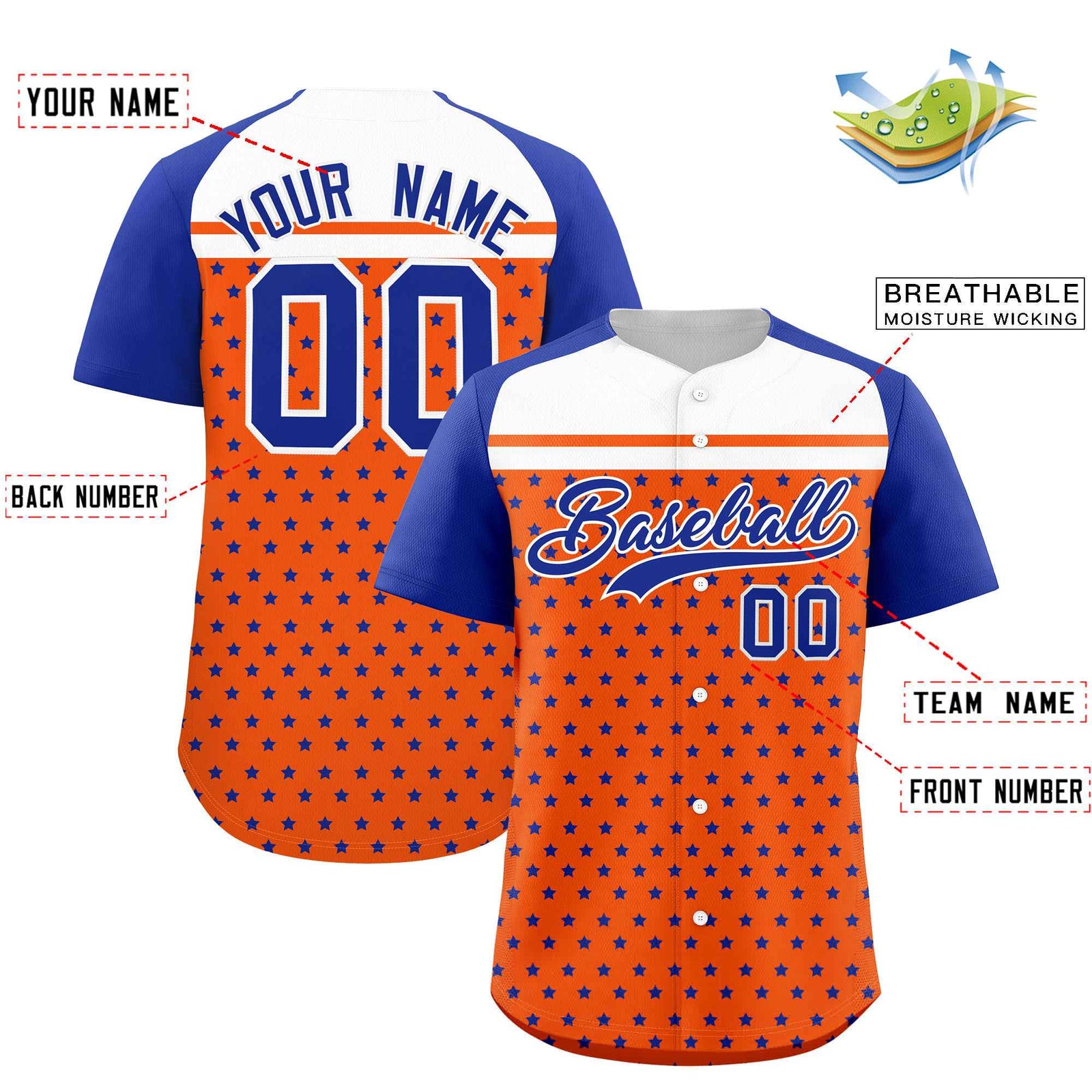 Custom Orange Royal-White Raglan Sleeve Personalized Star Print Authentic Baseball Jersey