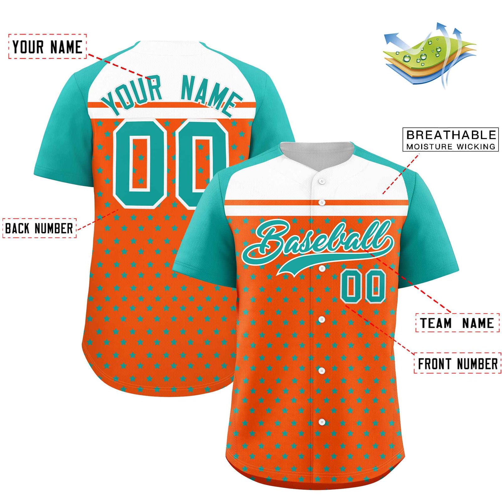 Custom Orange Aqua-White Raglan Sleeve Personalized Star Print Authentic Baseball Jersey