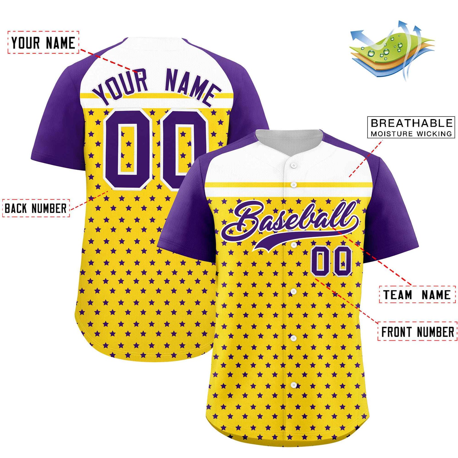 Custom Gold Purple-White Raglan Sleeve Personalized Star Print Authentic Baseball Jersey