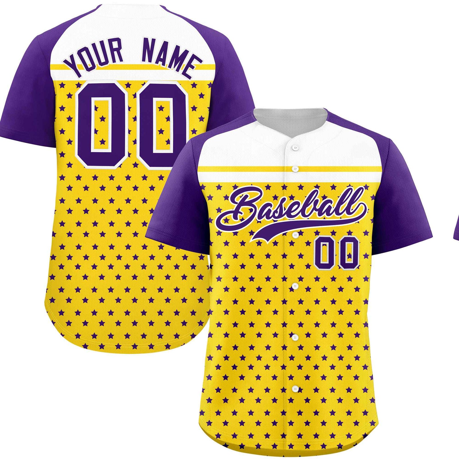 Custom Gold Purple-White Raglan Sleeve Personalized Star Print Authentic Baseball Jersey