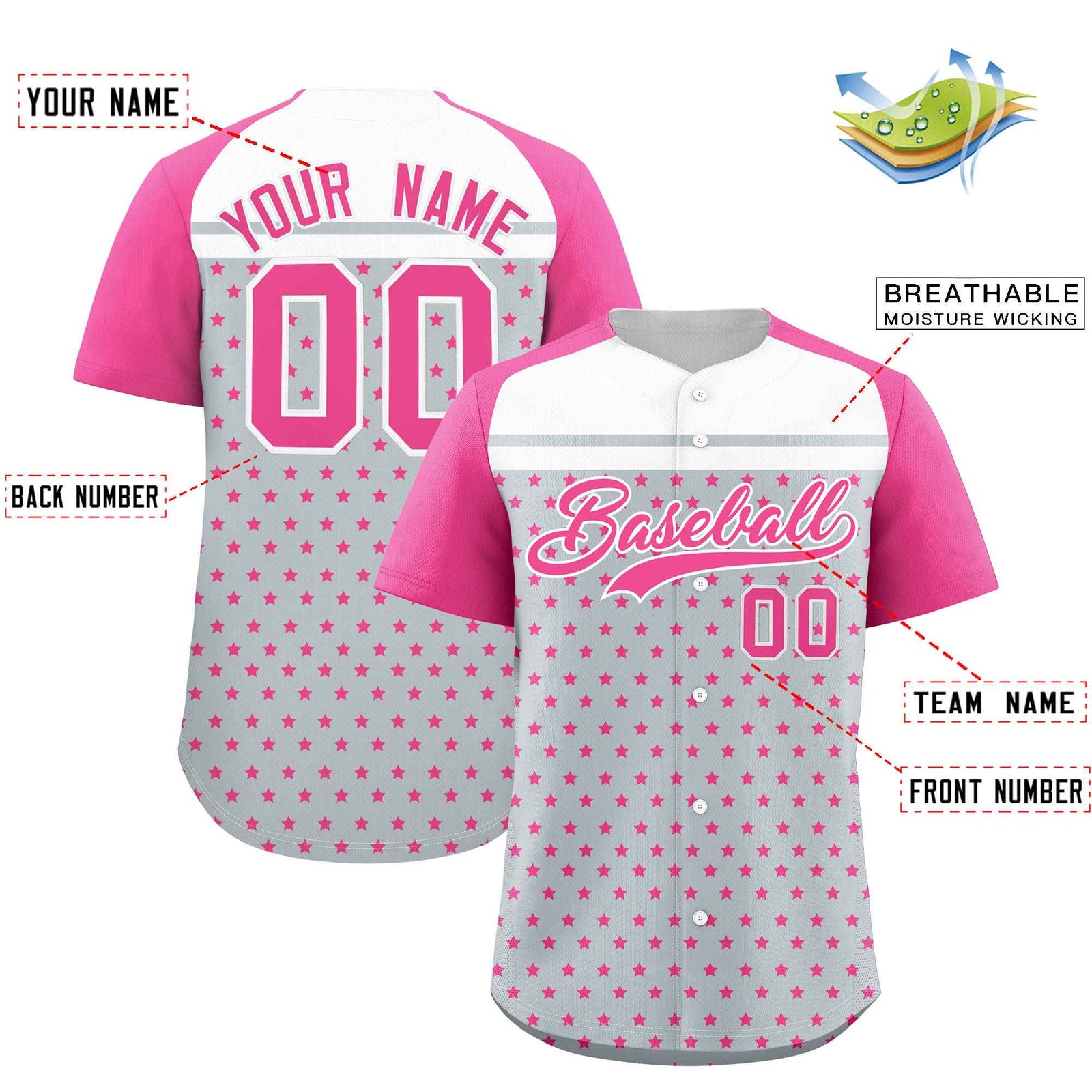 Custom Silver Pink-White Raglan Sleeve Personalized Star Print Authentic Baseball Jersey