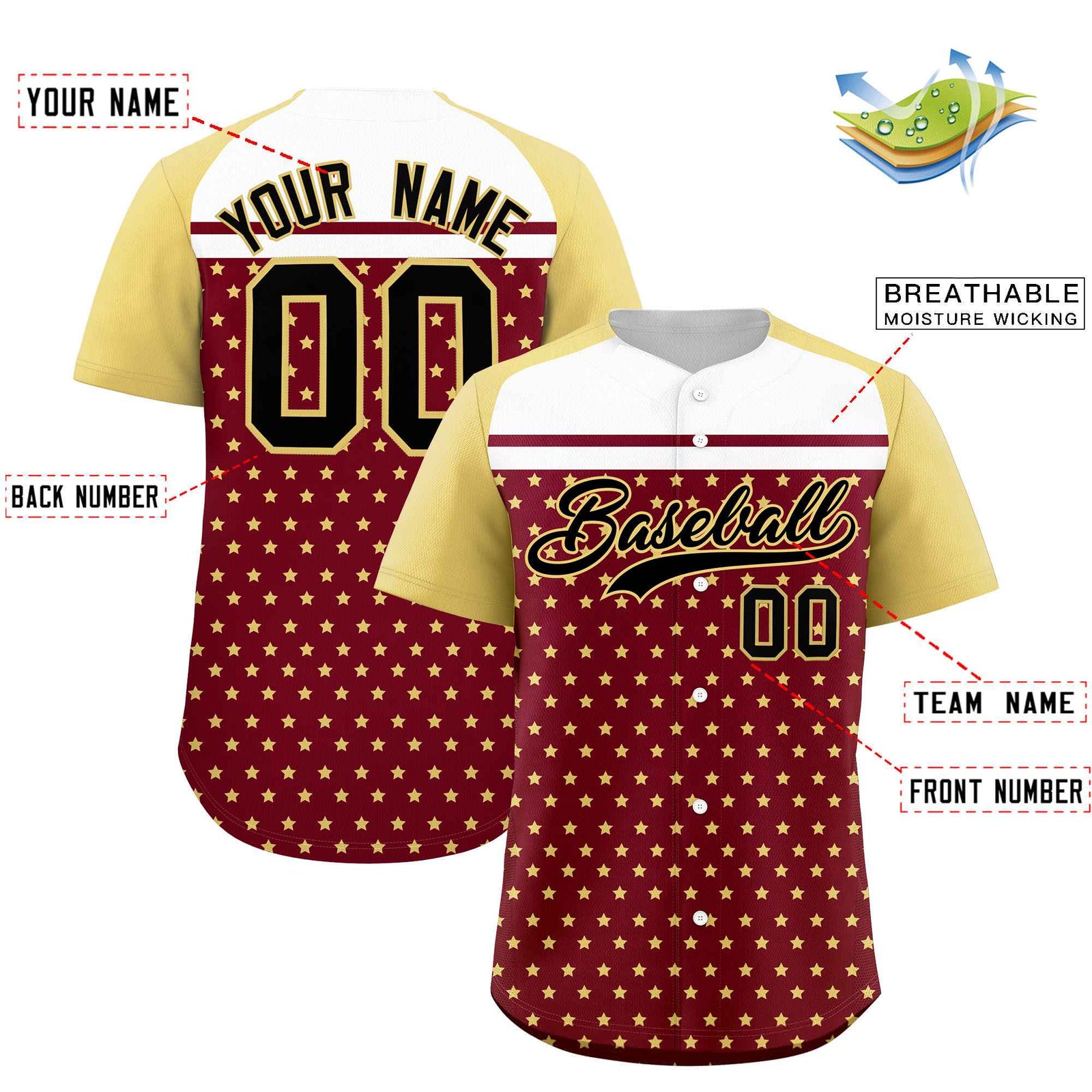 Custom Crimson Khaki-White Raglan Sleeve Personalized Star Print Authentic Baseball Jersey