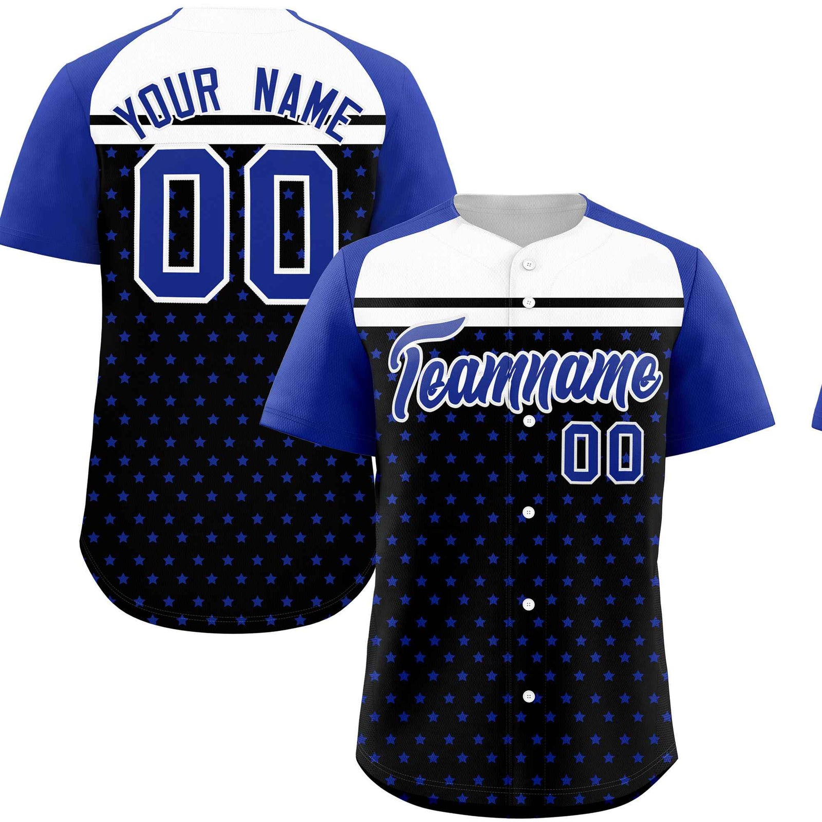 Custom Black Royal-White Raglan Sleeve Personalized Star Print Authentic Baseball Jersey