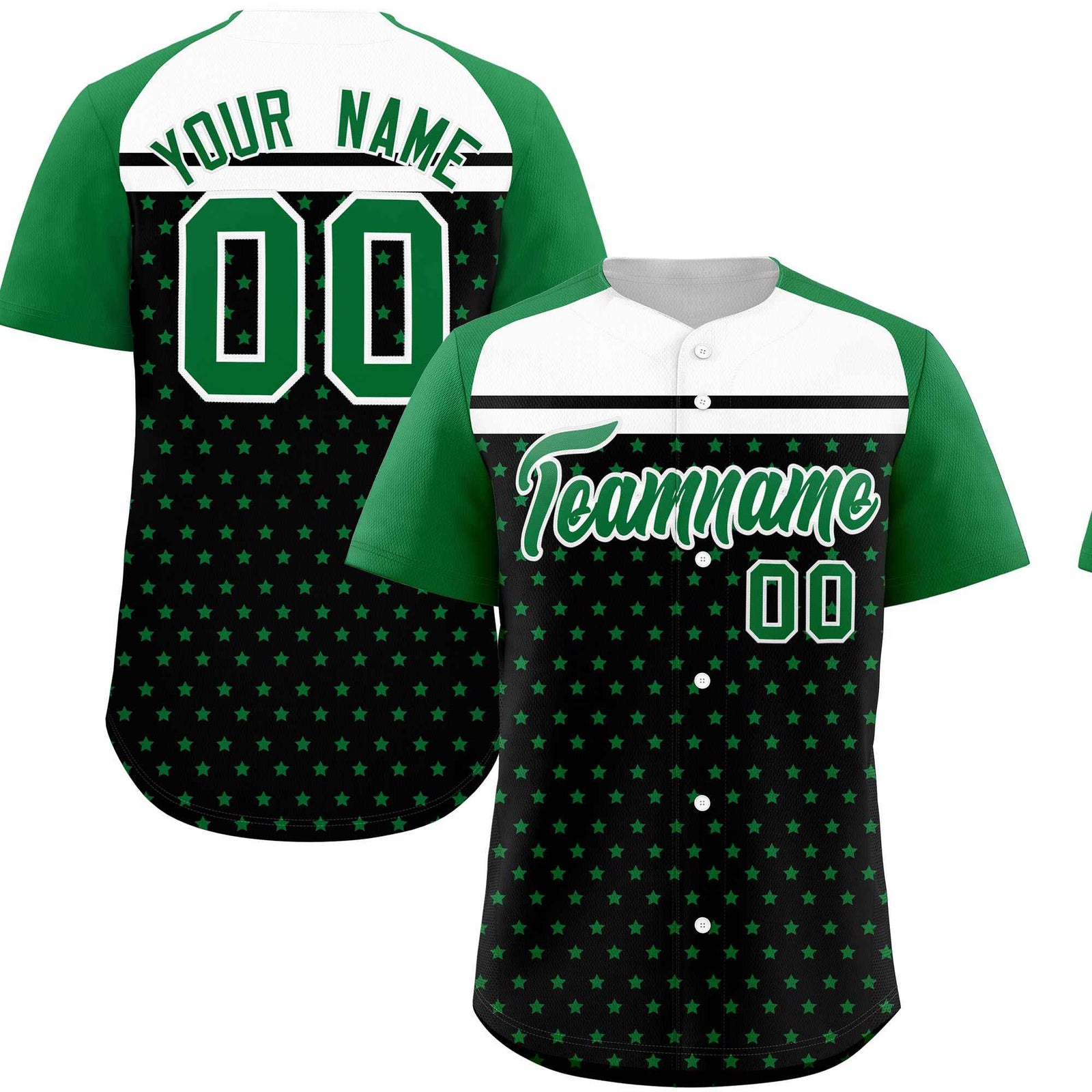 Custom Black Kelly Green-White Raglan Sleeve Personalized Star Print Authentic Baseball Jersey