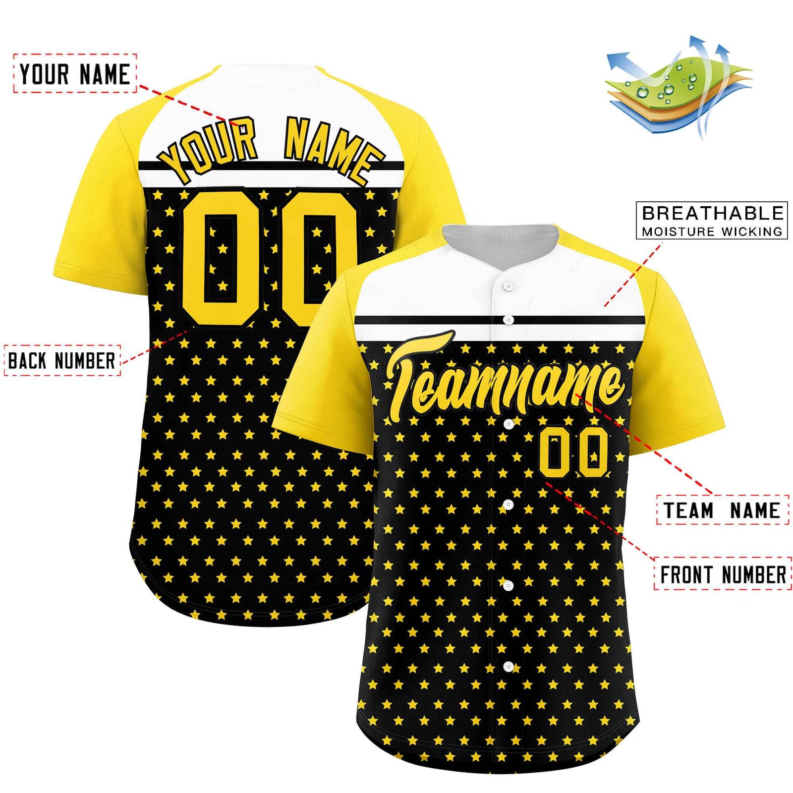 Custom Black Gold-White Raglan Sleeve Personalized Star Print Authentic Baseball Jersey