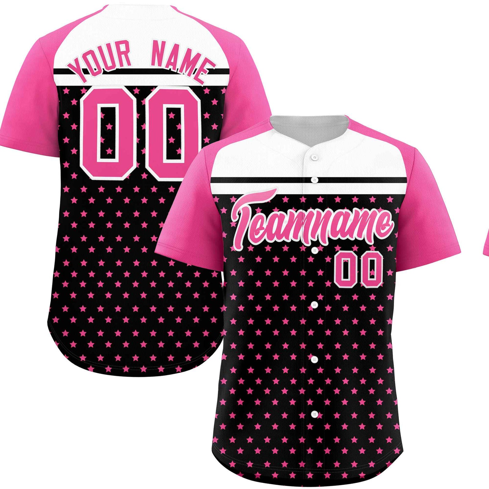 Custom Black Pink-White Raglan Sleeve Personalized Star Print Authentic Baseball Jersey