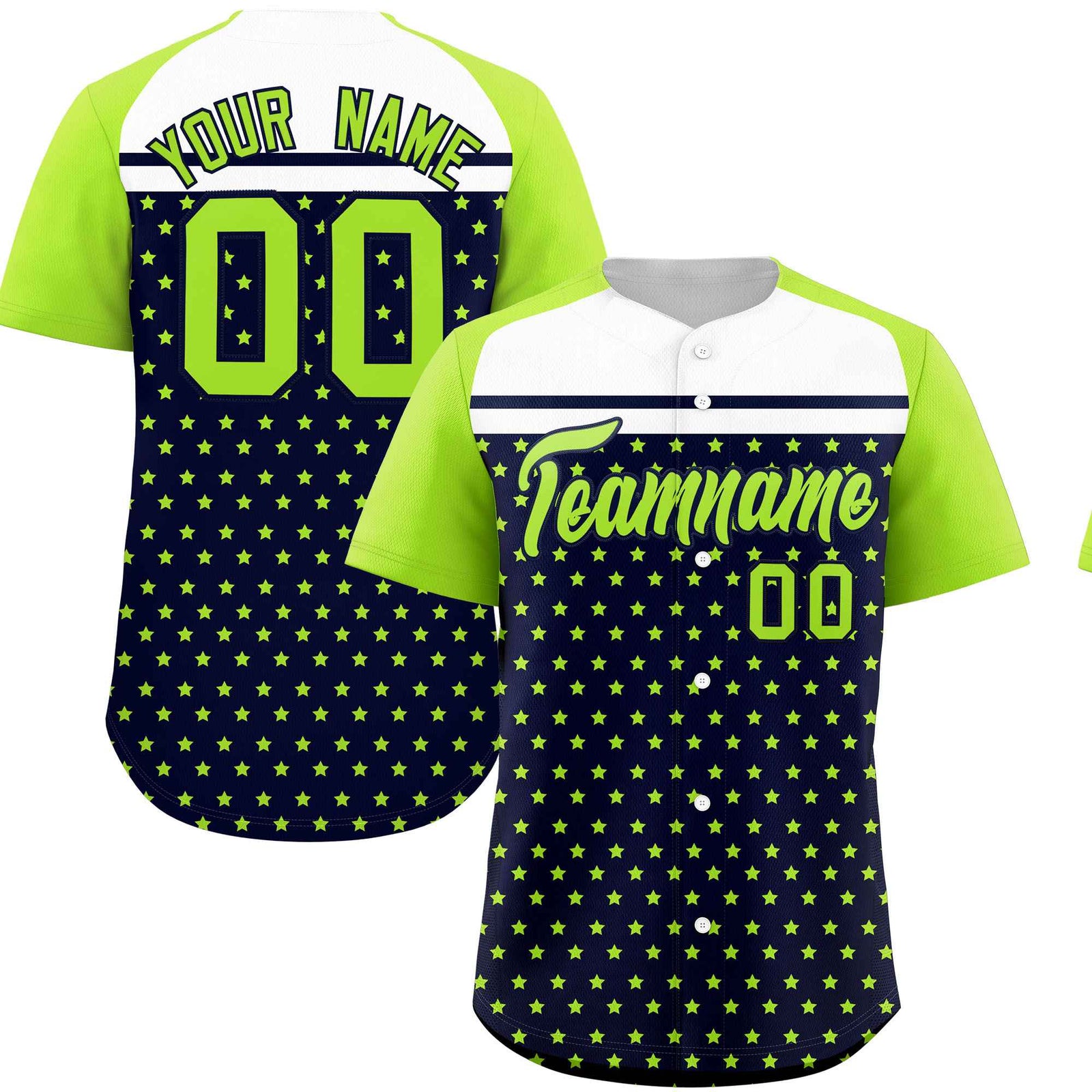 Custom Navy Neon Green-White Raglan Sleeve Personalized Star Print Authentic Baseball Jersey