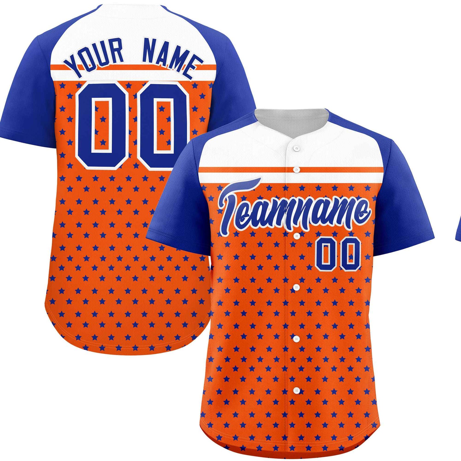 Custom Orange Royal-White Raglan Sleeve Personalized Star Print Authentic Baseball Jersey