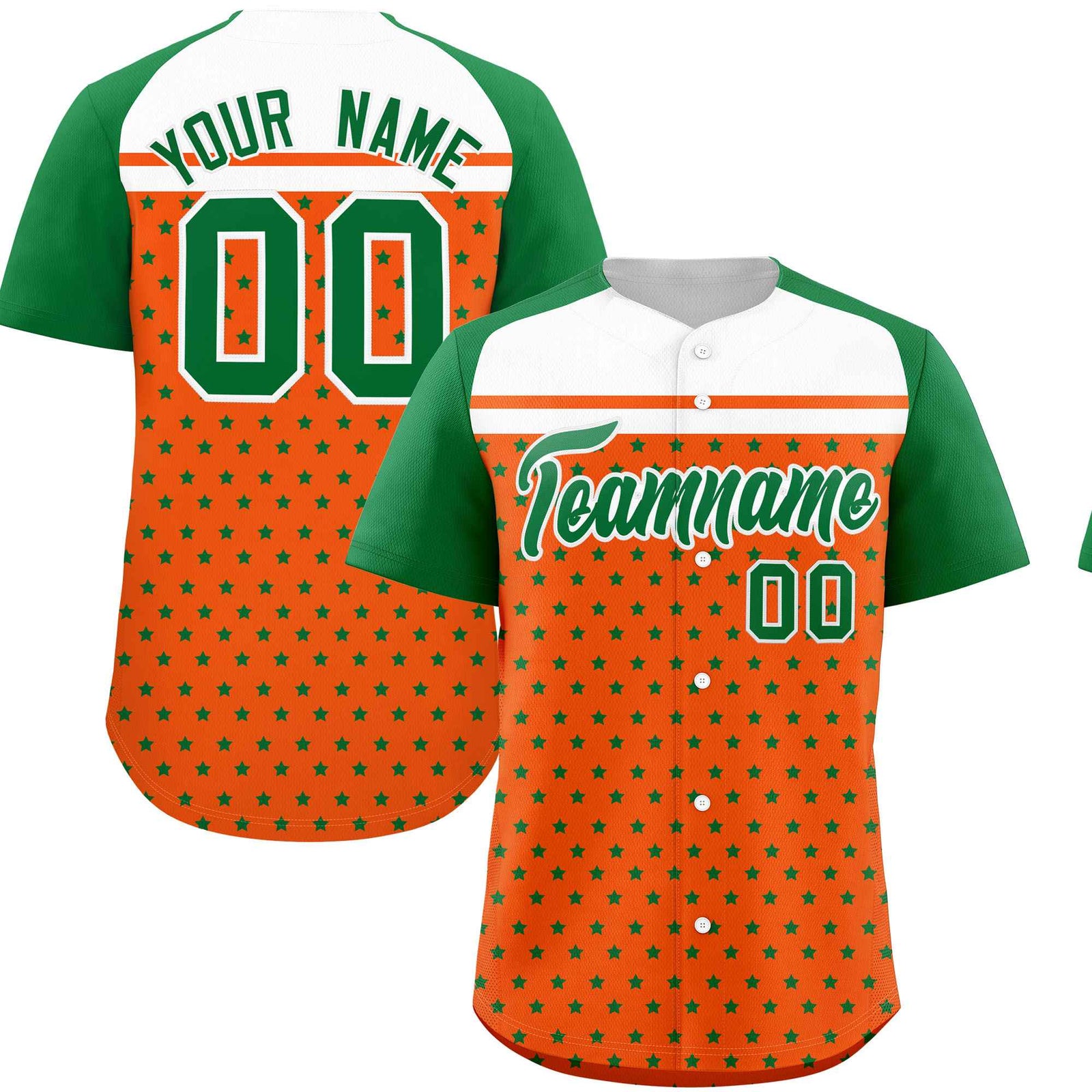 Custom Orange Kelly Green-White Raglan Sleeve Personalized Star Print Authentic Baseball Jersey